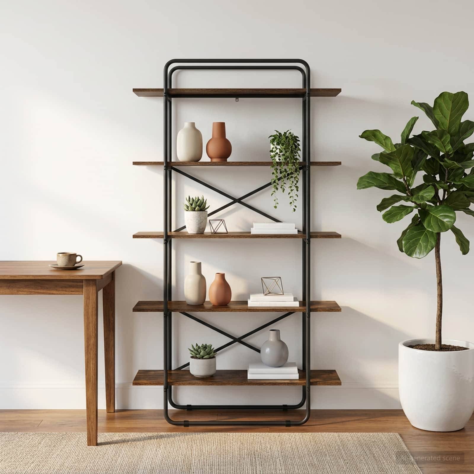Modernes Regalsystem mit Holzregalen, Vasen, Büchern und kleinen Pflanzen neben einem Tisch und einem großen Topfbaum in einem minimalistischen Raum.