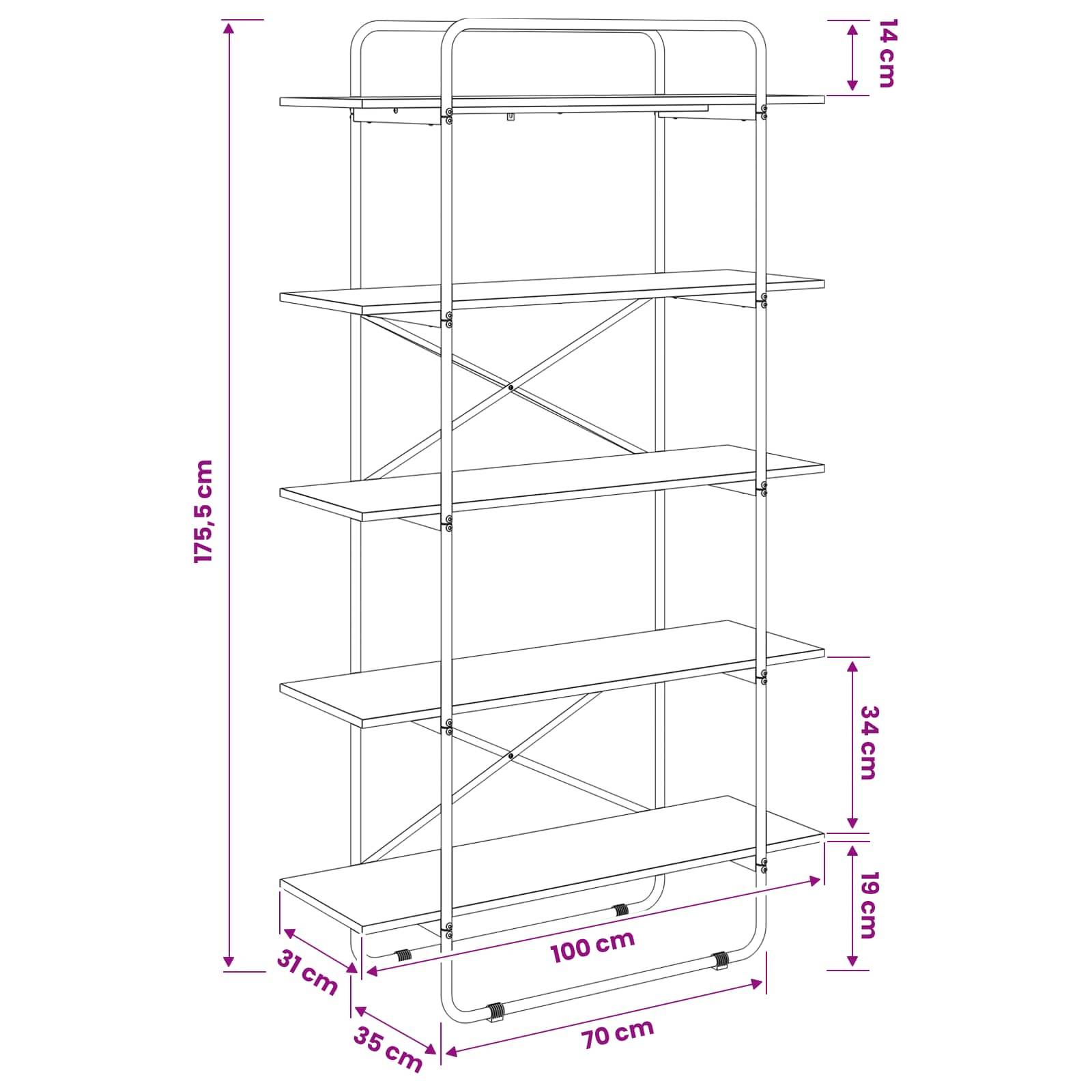 Maßstabgetreue Linienzeichnung eines fünfteiligen Metallregals, mit Gesamthöhe 175,5 cm, Breite 100 cm, Tiefe 35 cm und Maßangaben für den unteren Freiraum.