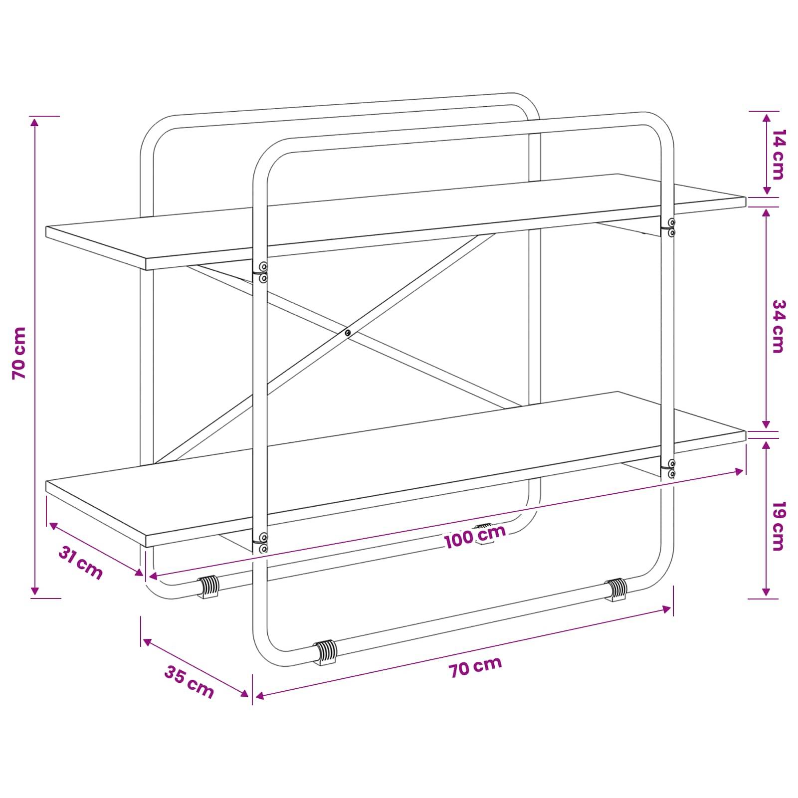 Illustrierte zweistöckige Regaleinheit mit Metallrahmen, mit Abmessungen: 100 cm breit, 70 cm hoch, 35 cm tief, mit markiertem Regalabstand und Griffhöhen.