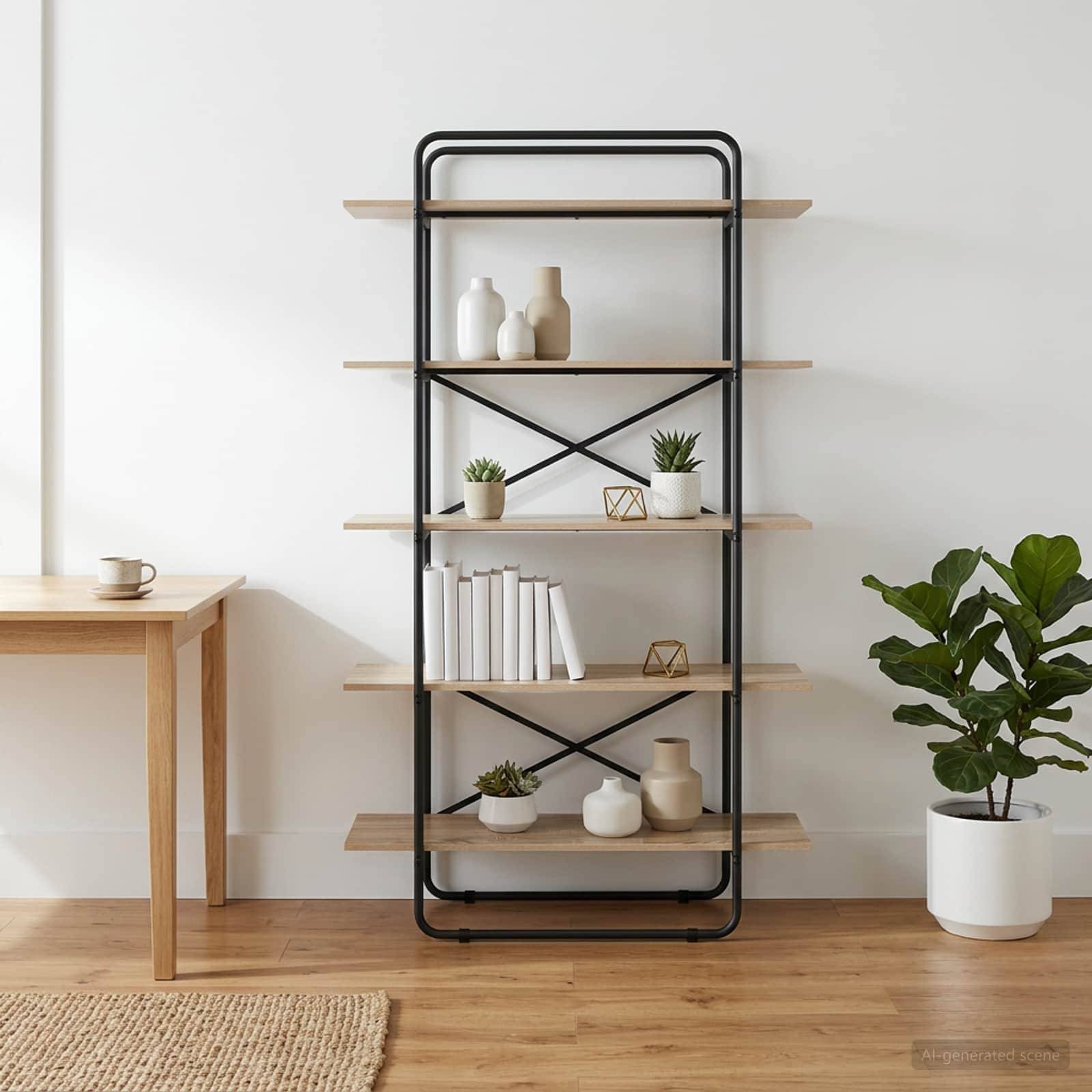 Modernes Regalsystem mit Holzböden und schwarzem Rahmen, das Bücher, Vasen und kleine Pflanzen hält, neben einem Tisch und einer Topfpflanze in einem minimalistischen Raum.