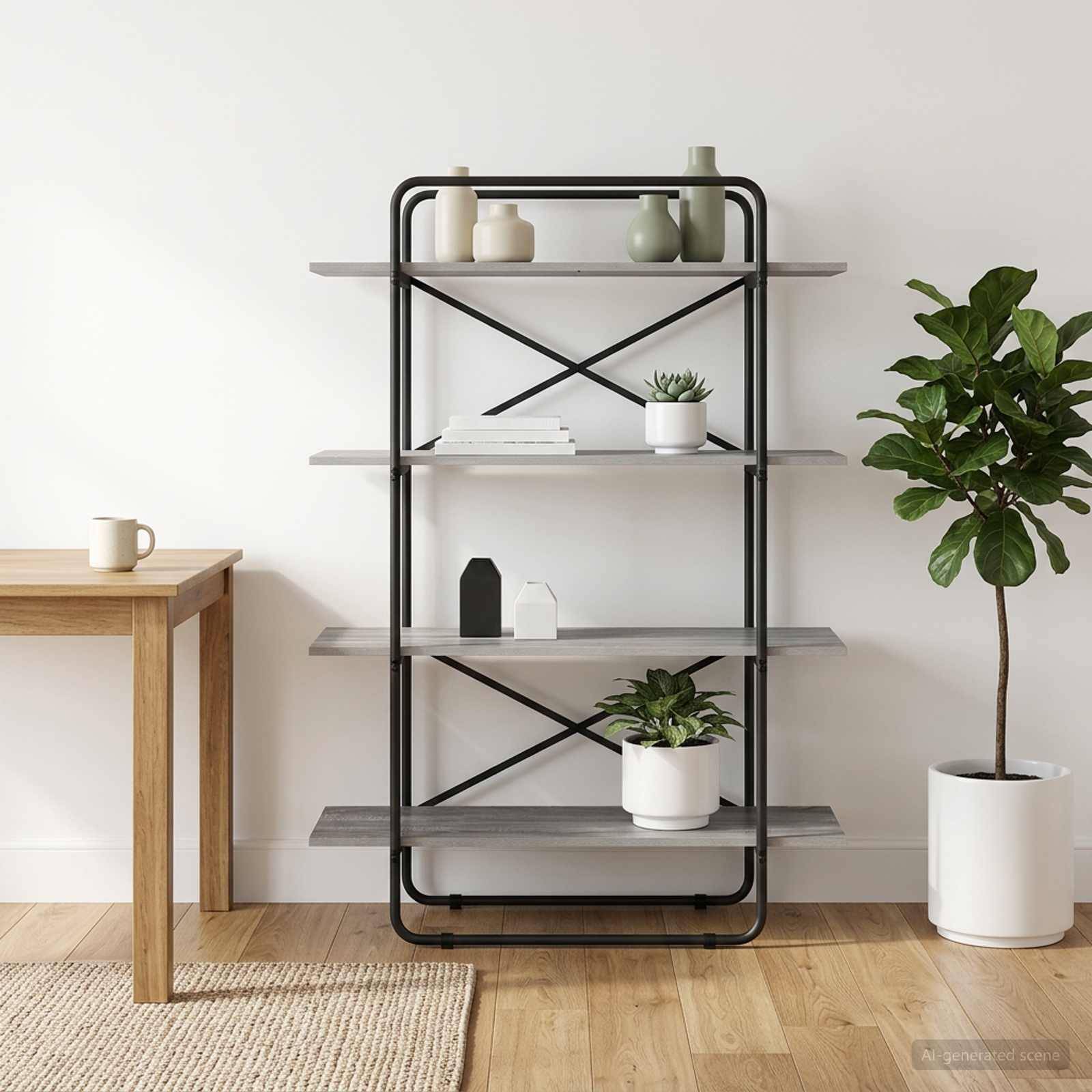 Minimalistisches Wohnzimmer mit einem schwarzen Metallregal, das Deko und Pflanzen hält, neben einem Topfbaum und einem Holztisch auf hellem Boden.