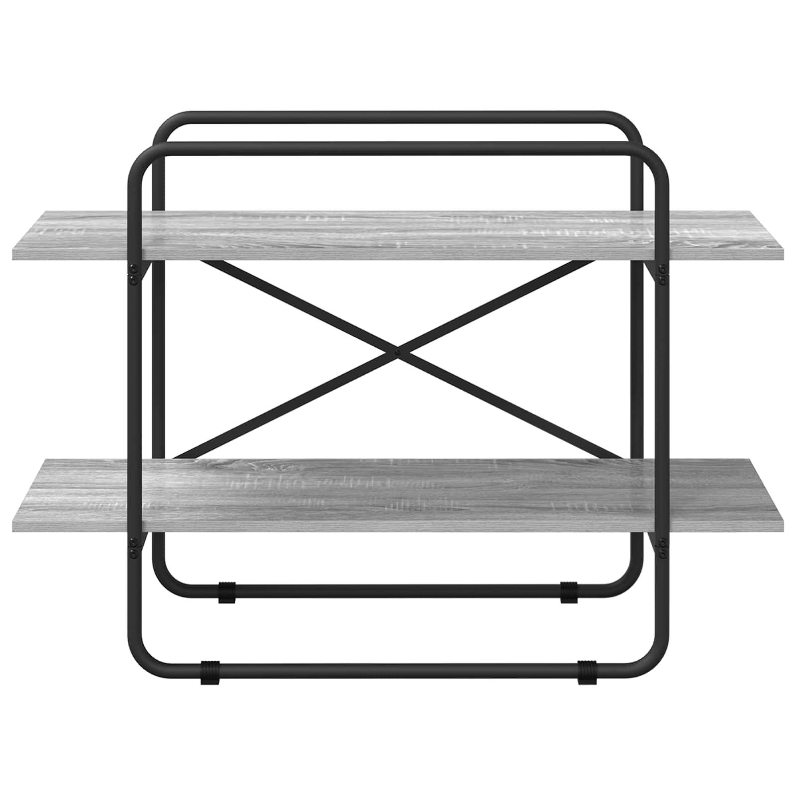 Modernes schwarzes Metall-Wandregal mit zwei grauem Holzbohlen und X-förmigen Abstützungsstreben, Frontansicht auf weißem Hintergrund.