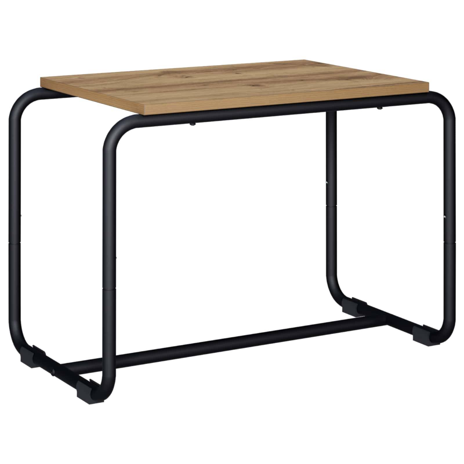 Kleiner Beistelltisch mit einer Tischplatte aus hellem Holz und schwarzem Stahlrohrgestell auf weißem Hintergrund.