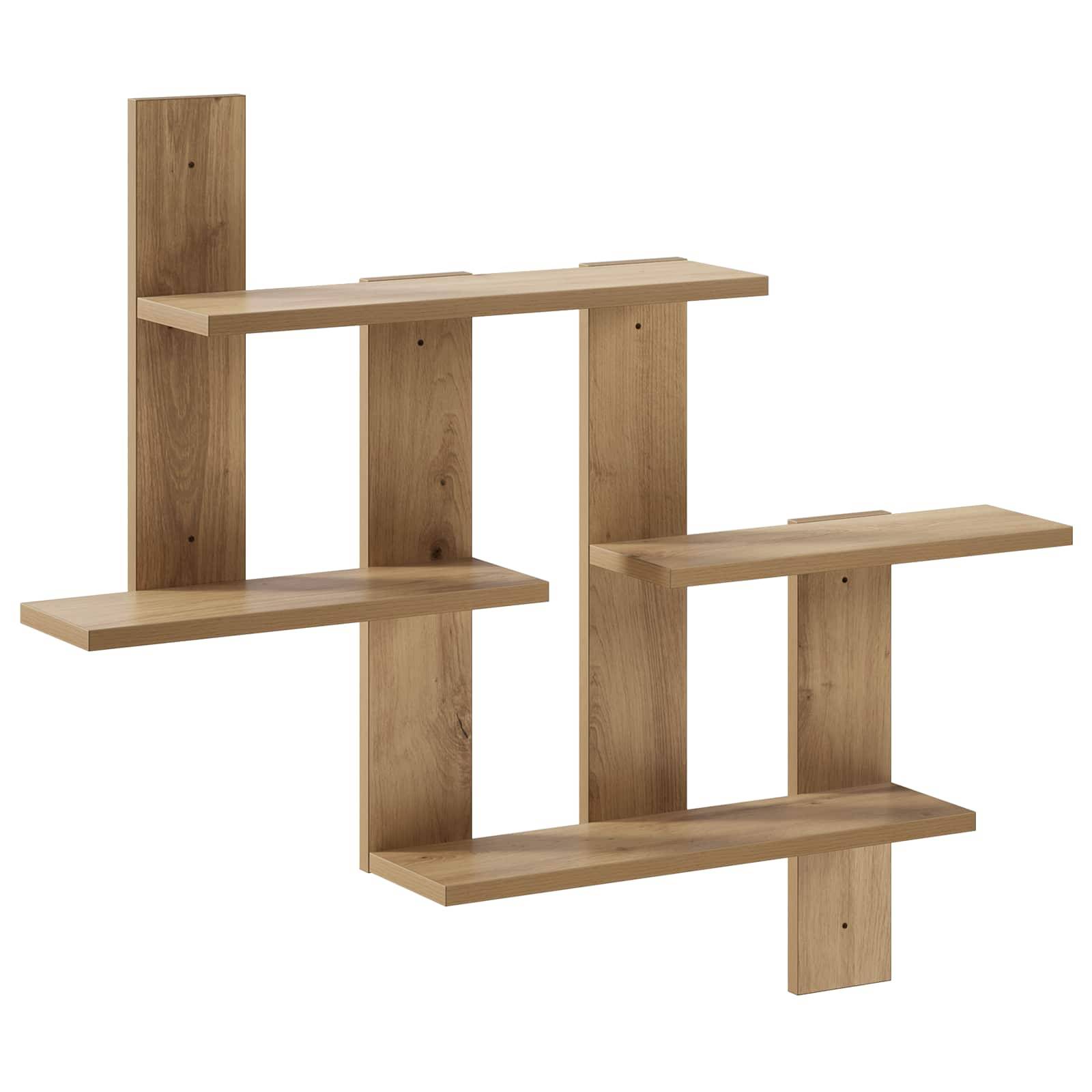 Geometrisches Wandregal aus Holz mit vier versetzten Fachböden und vertikalen Stützprofilen, gezeigt vor weißem Hintergrund.
