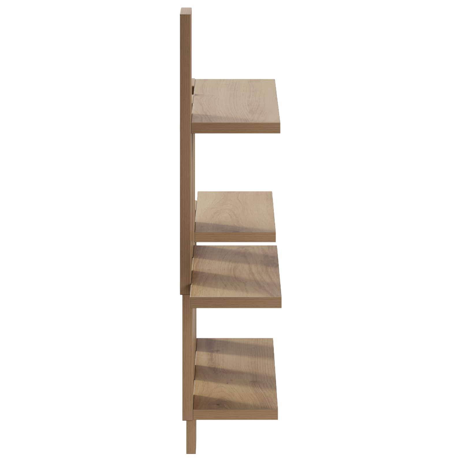 Seitenansicht eines schmalen Wandregals aus Holz mit vier gestaffelten Regalbrettern auf einer vertikalen Stütze vor weißem Hintergrund.