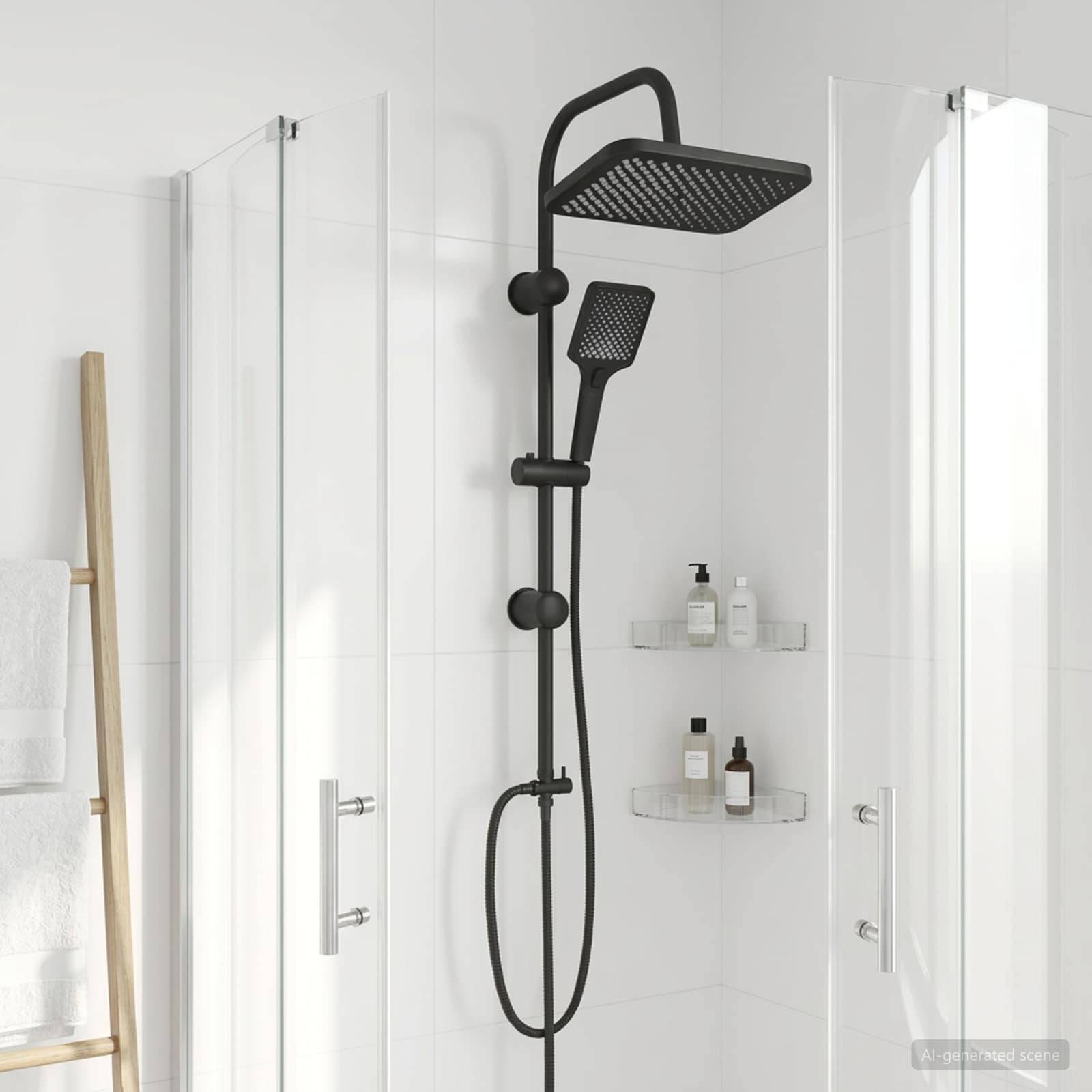 Moderne weiße Duschkabine mit schwarzem Regenduschkopf und tragbarem Duscharm, Glastür und Eckregalen mit Toilettenartikeln.