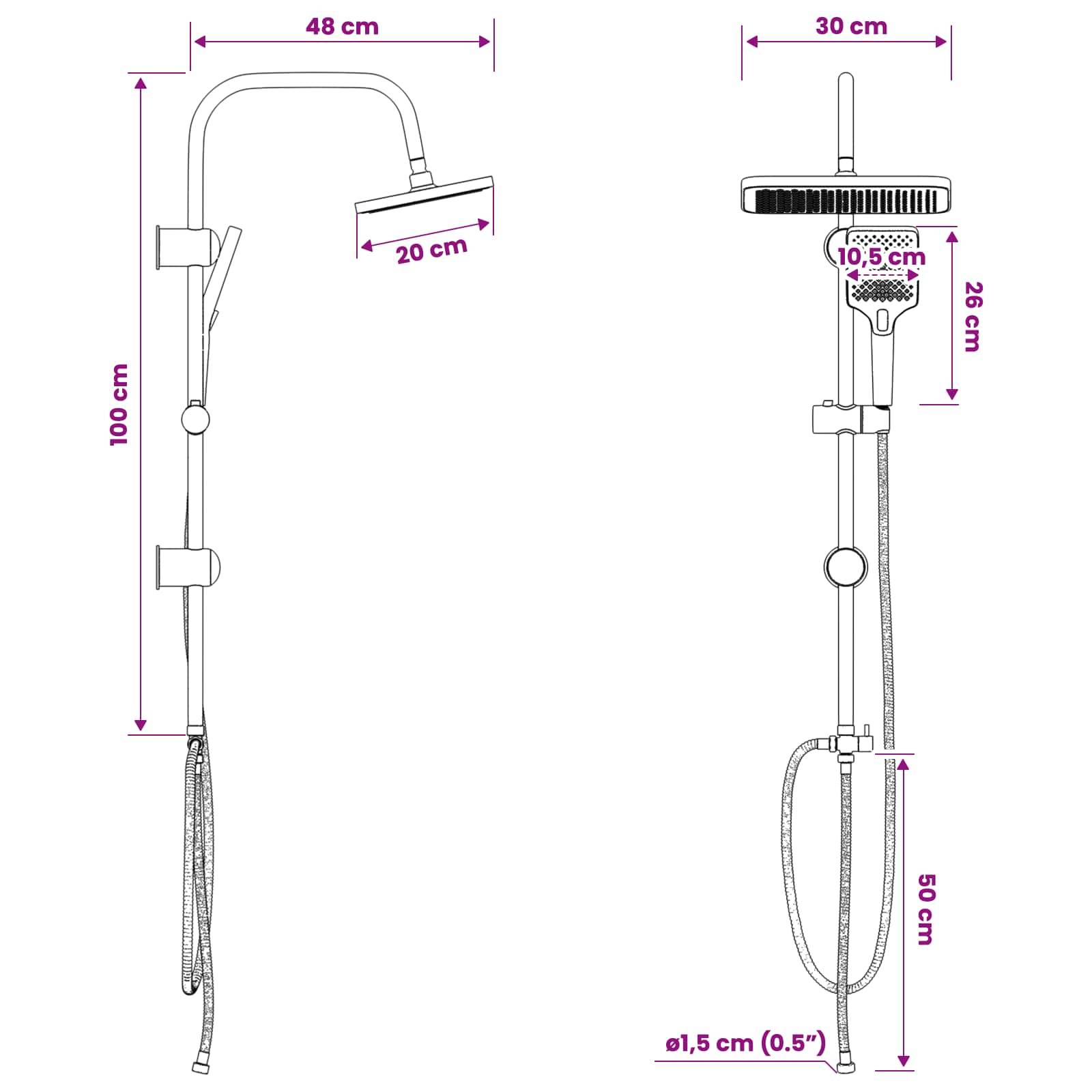 Technisches Diagramm eines Douchesystems mit Abmessungen: 100 cm hohe Schiene, 48 cm Armspannweite, 20 cm Duschkopflänge, 30 cm obere Breite, 26 cm Kopfhöhe, 10,5 cm Konnektorbreite und 50 cm Schlauchlänge.