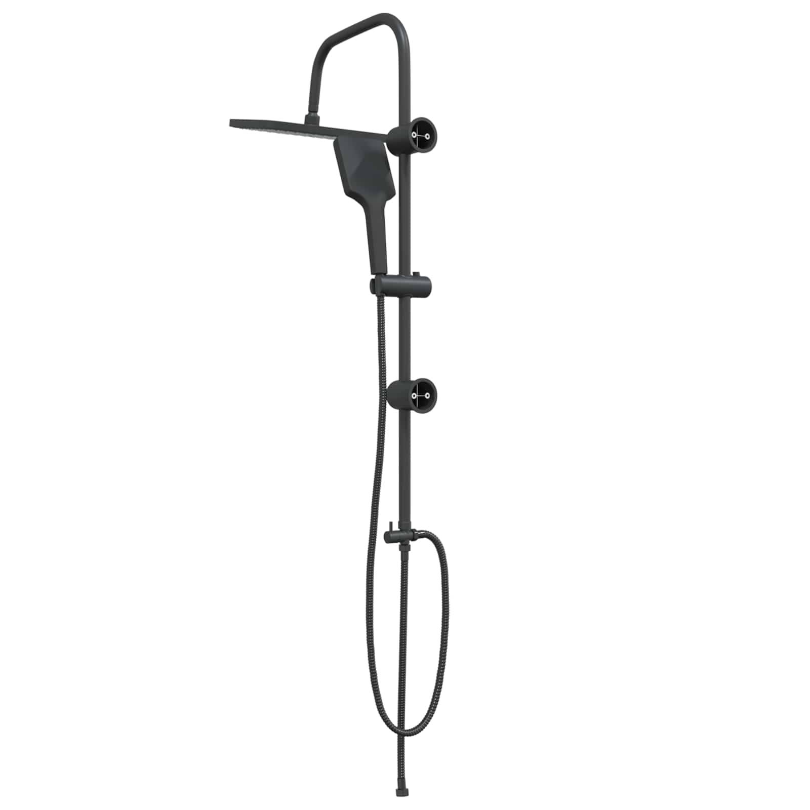 Wandmontierte schwarze Handbrause mit Schlauch, Schieber-Halterung und oben angebrachtem regalähnlichem Arm auf weißem Hintergrund.