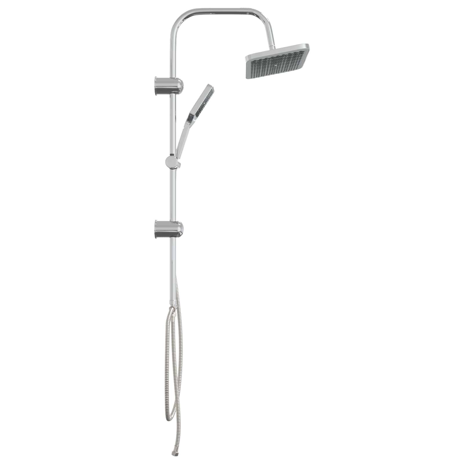 Chrom-Duschsystem mit Kopfbrause im Regendusch-Stil, tragbarem Handbrausekopf und flexiblem Schlauch an einer vertikalen Schiene.