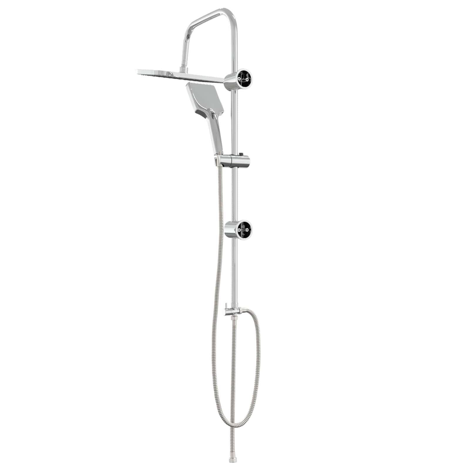 Chrom-Duschstange mit Handbrause, verstellbarem Halter und flexiblem Schlauch auf weißem Hintergrund.