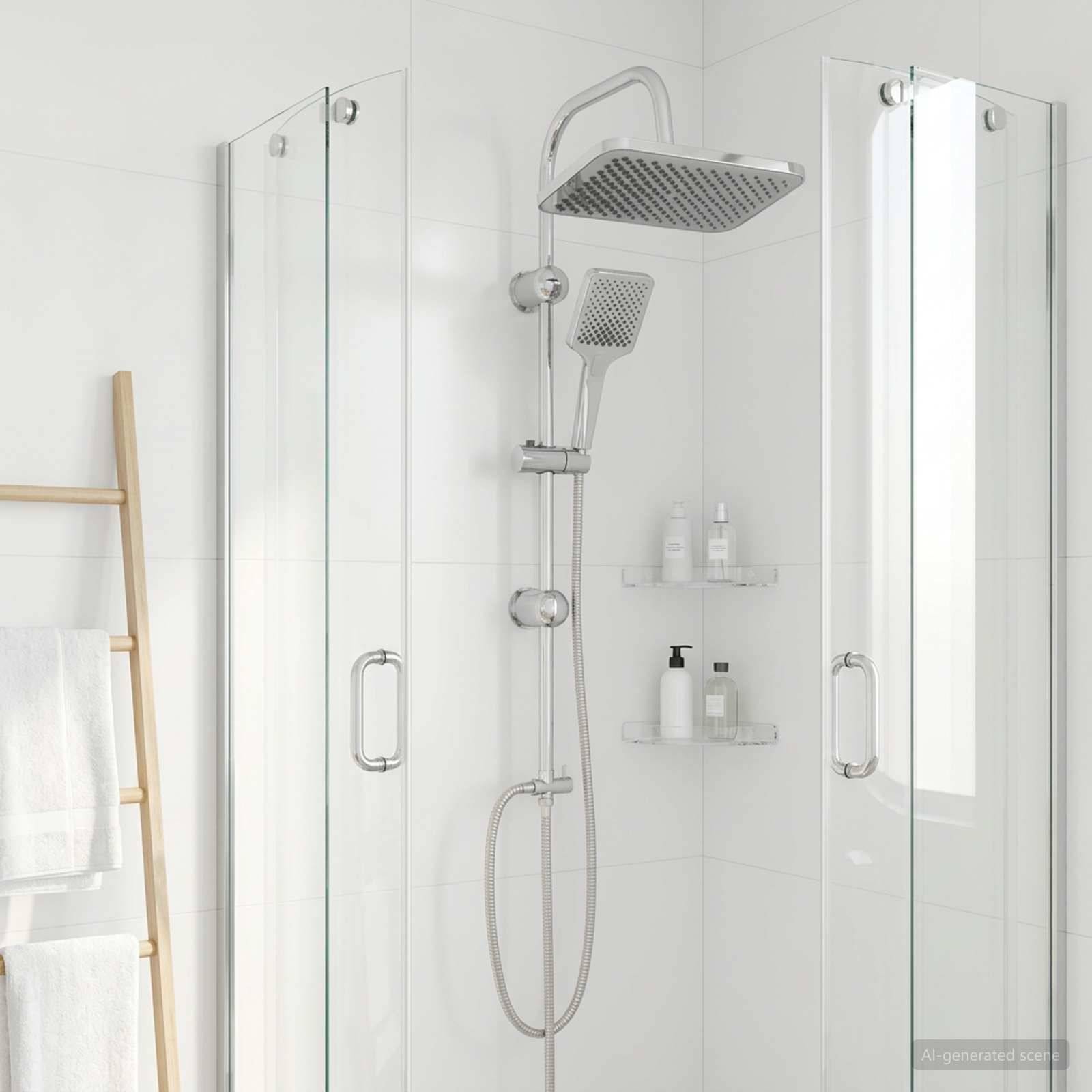 Modernes weißes Badezimmer mit Dusche mit Glastüren, Regenduschkopf und Handbrause, Wandregale mit Toilettenartikeln und einer Handtuchleiter.