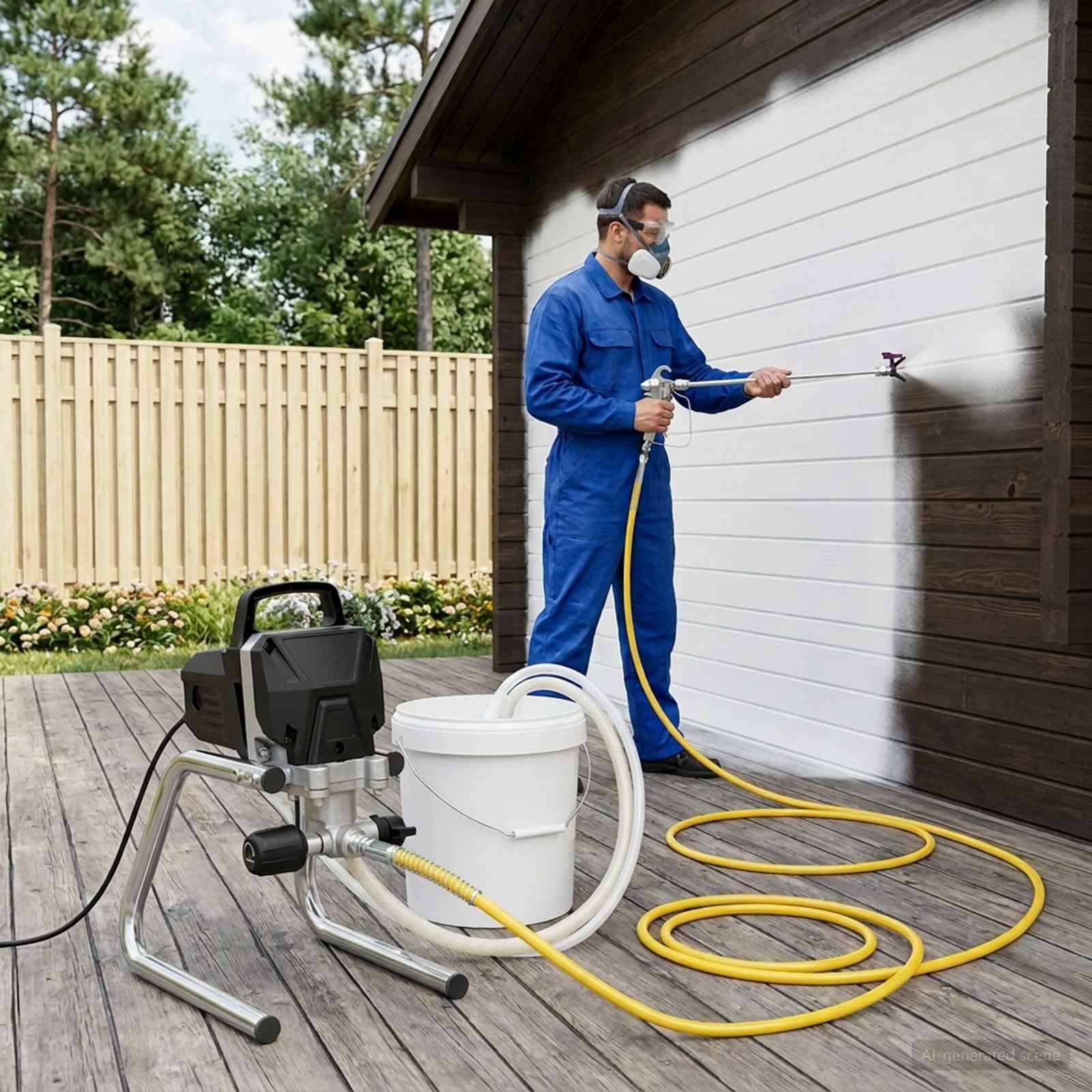 Arbeiter in blauem Schutzanzug und Atemschutzmaske reinigt die Außenseite eines Hauses mit einem Hochdruckreiniger auf einer Holzterrasse, wobei ein Schlauch und eine Sprühdüse mit einer Farb-/Hochdruckanlage verbunden sind.