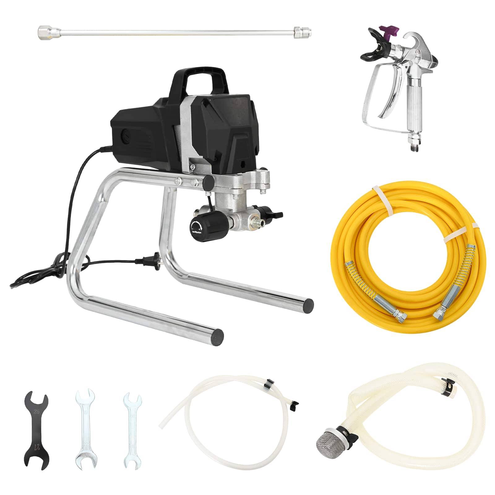 Airless-Farbsprühsystem mit Sprühpistole, Schlauch, Verlängerungsstab, Saugschlauch und Schraubenschlüsseln auf weißem Hintergrund.