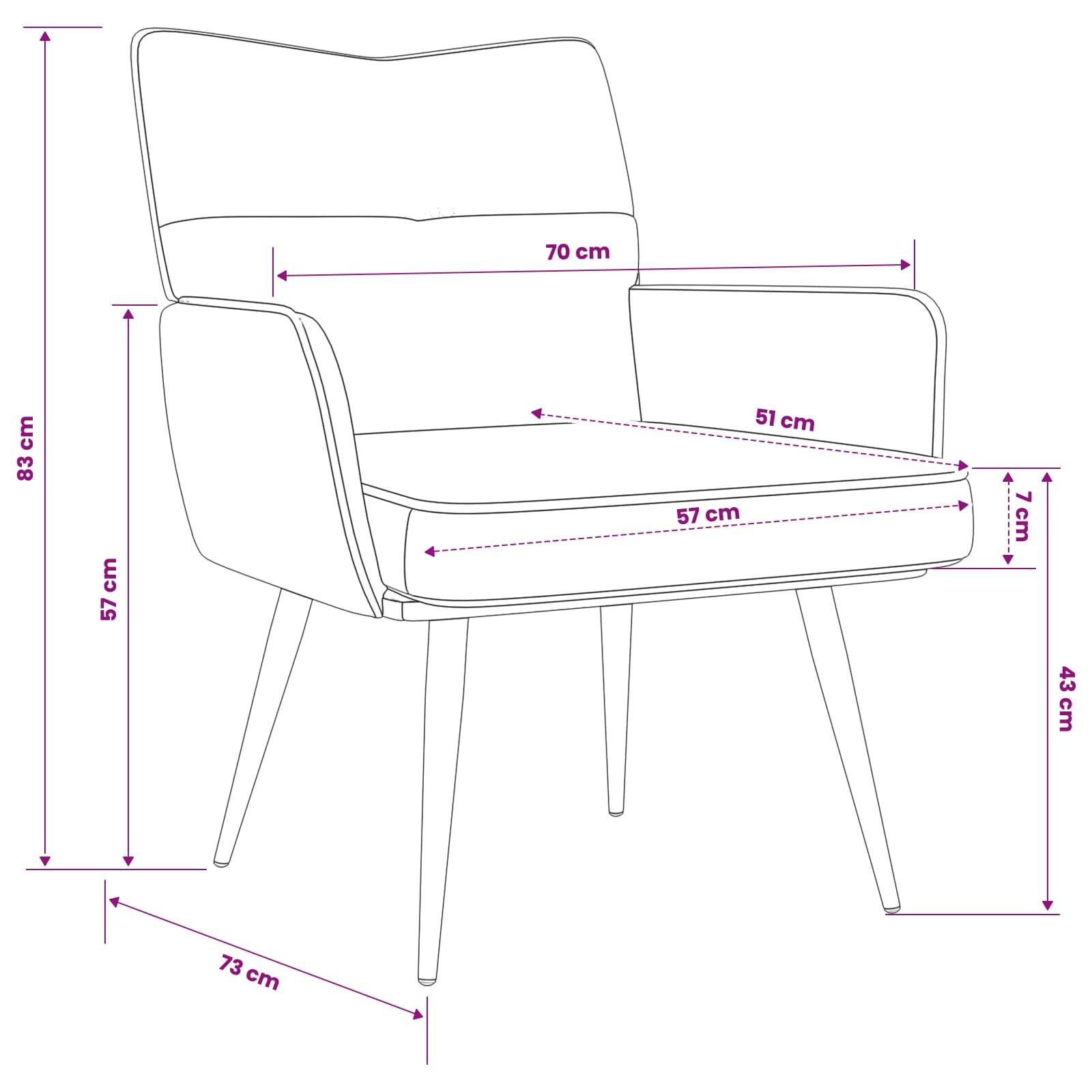 Strichzeichnung eines gepolsterten Sessels mit Größenangaben in cm: 83 cm Gesamthöhe, 70 cm Breite, 57 cm Sitzhöhe, 43 cm Beinhöhe, 73 cm Tiefe, 57 cm Sitzbreite, 51 cm Sitztiefe, 7 cm Vorderkantenhöhe.