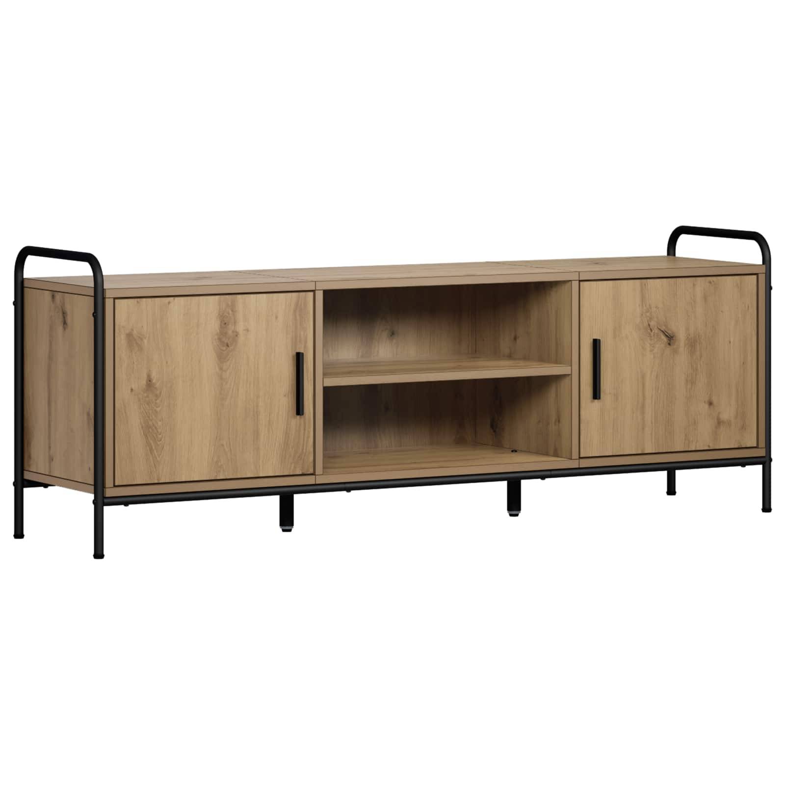 Holzkommode mit zwei Türen und offenen Mittelregalen, umrahmt von schwarzen Metallbeinen und Griffen.