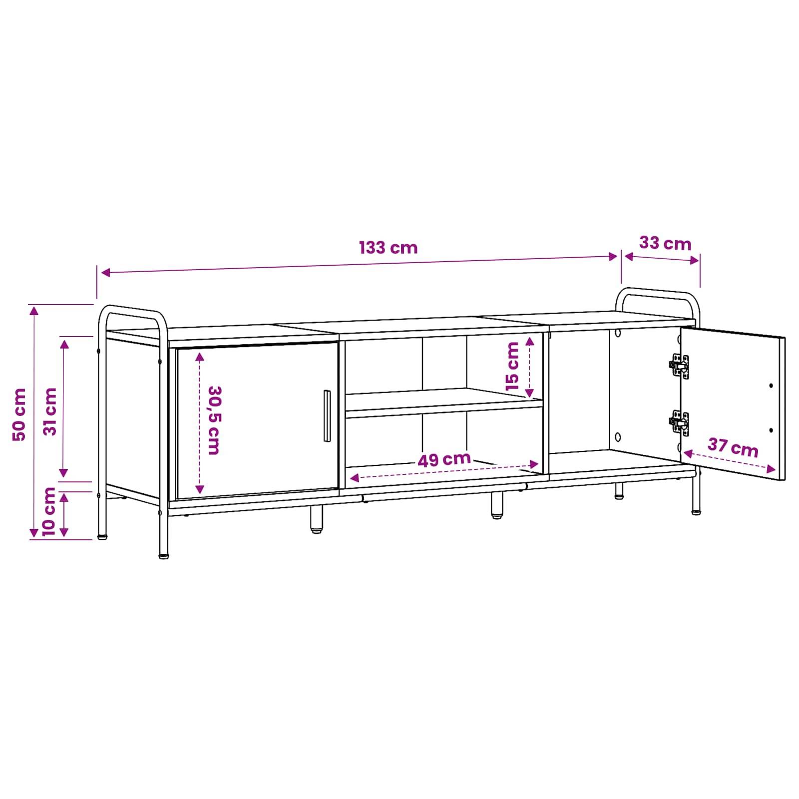 Maßstabsgetreue Zeichnung eines niedrigen Lagerschranks/einer Sitzbank mit offenen Regalen und einer Tür, mit Gesamtabmessungen von 133 cm Breite, 50 cm Höhe und 37 cm Tiefe sowie Innenmaßen.