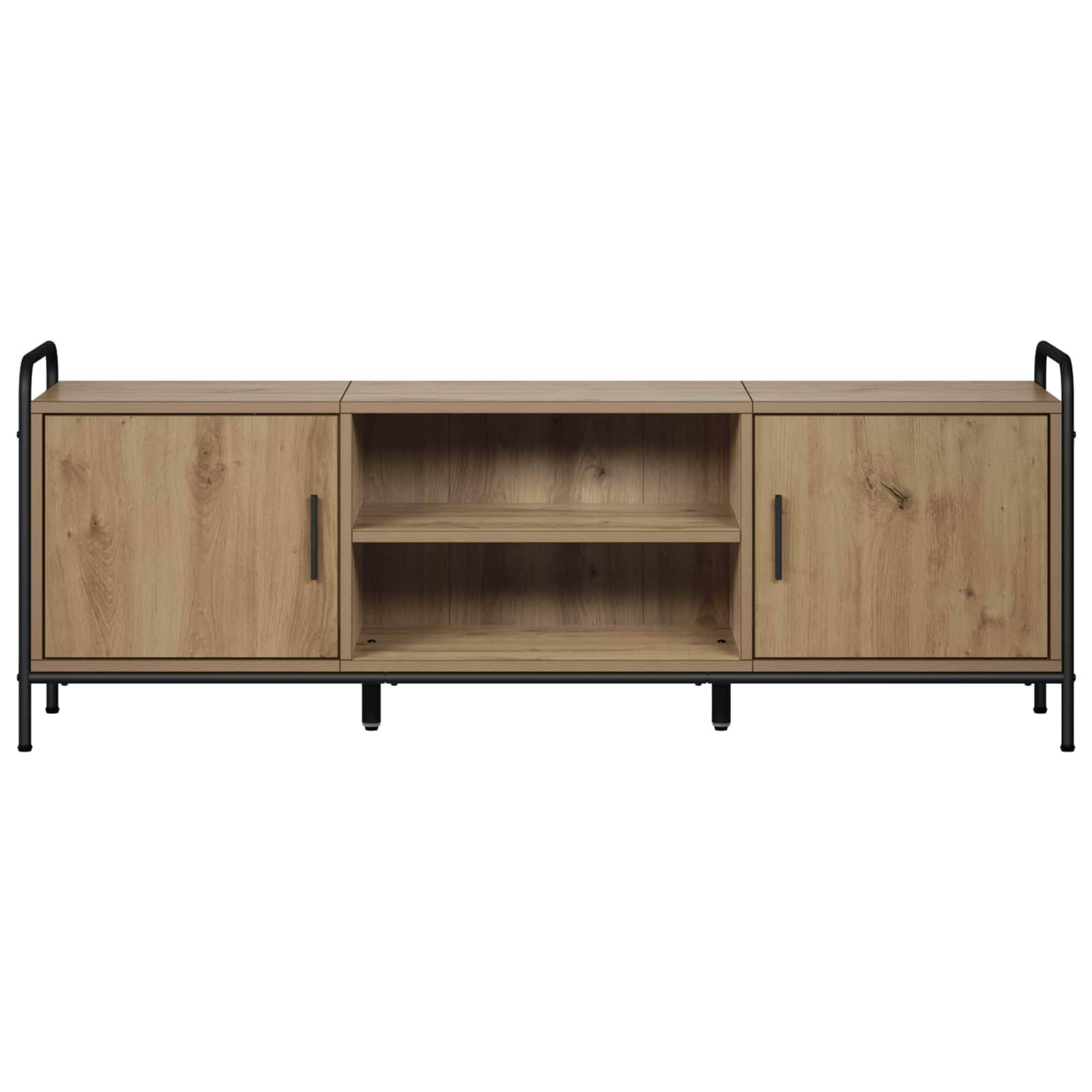 Hölzerner Sideboard-Schrank mit zwei Türen und offenen mittleren Regalen auf einem schwarzen Metallgestell, vor weißem Hintergrund dargestellt.