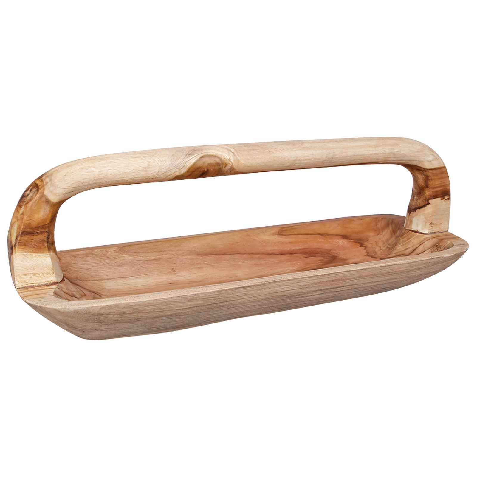 Holzserviertablett mit gebogenem Griff, aus Naturholz auf weißem Hintergrund.