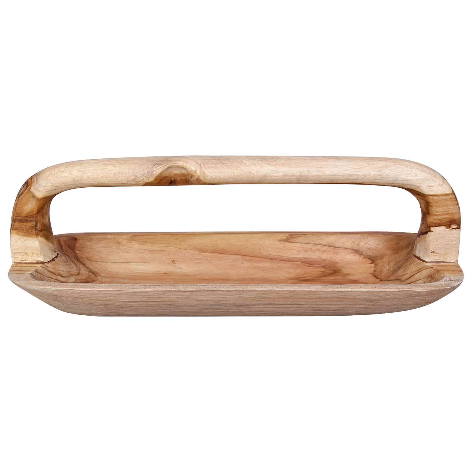 Weidenkorb oder -tablett mit Holzgriff, offenem Bogen-Griff und flacher rechteckiger Basis auf weißem Hintergrund.