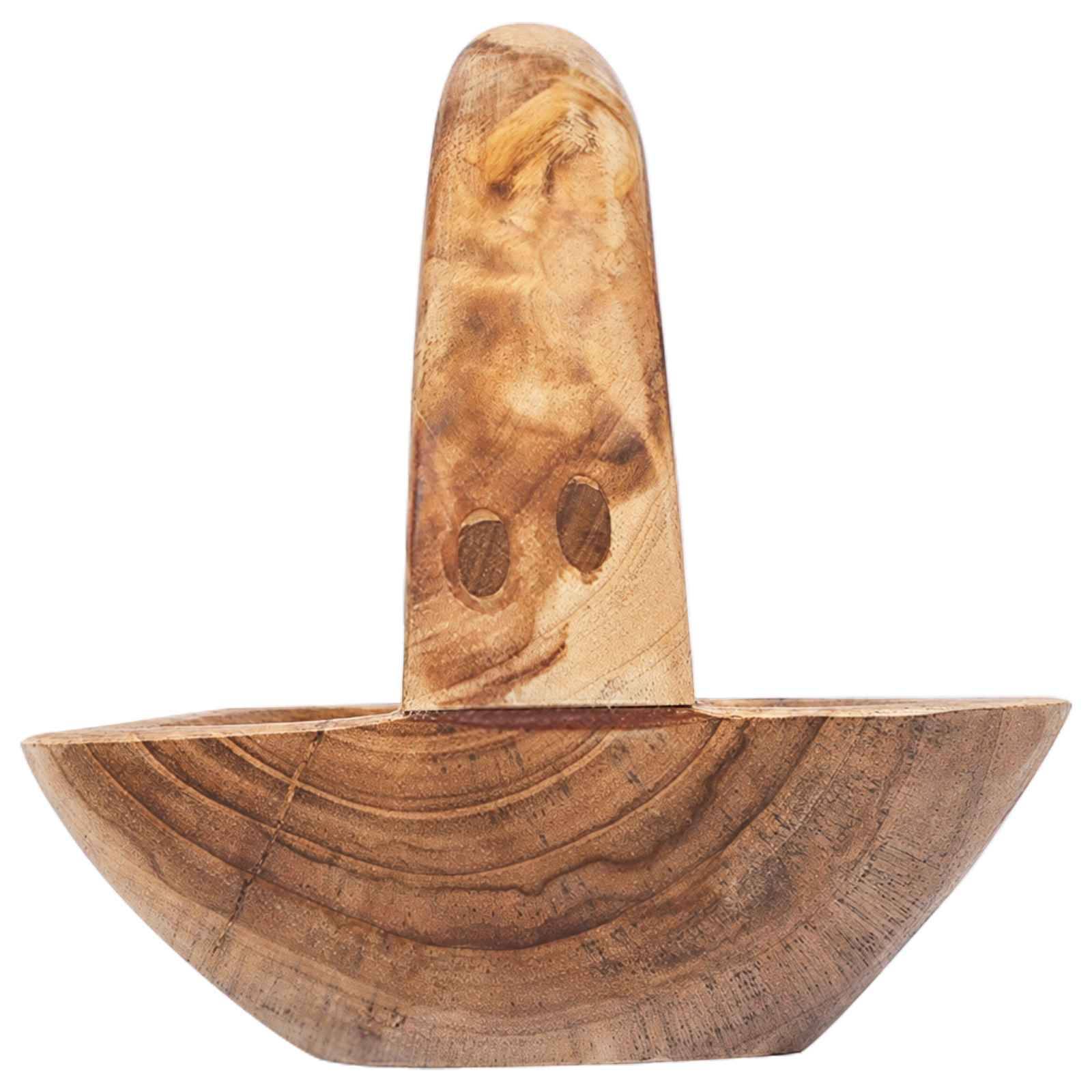 Holzkreisel-Spielzeug mit einer breiten halbkreisförmigen Basis und einem hohen zentralen Griff, fotografiert vor einem einfachen weißen Hintergrund.