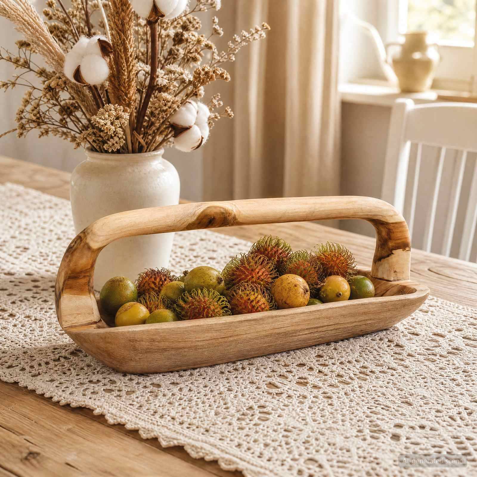 Holzkorb gefüllt mit Rambutan und anderem Obst auf einem Spitzentischläufer neben einer Vase mit Trockenblumen in einem hellen Esszimmer.