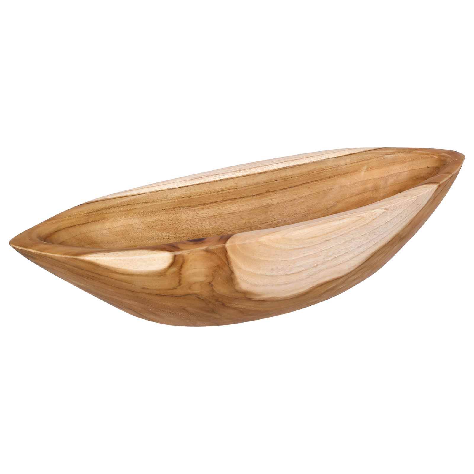 Dekorative Holzschale in Form eines Kanus oder Blattes, isoliert auf weißem Hintergrund dargestellt.