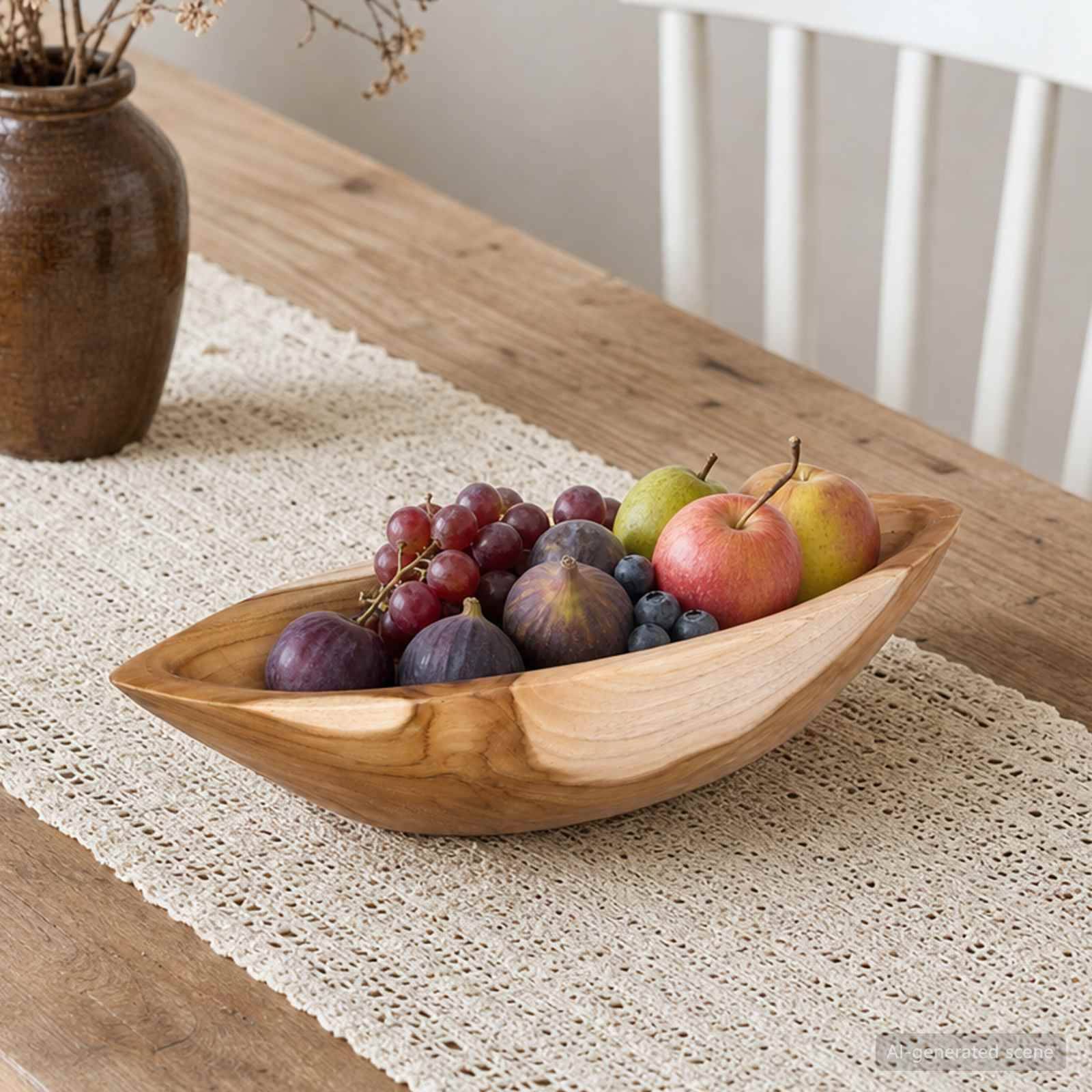 Holzschale mit gemischtem Obst, darunter Trauben, Feigen, Blaubeeren, Birnen und Äpfel, auf einem Spitzentischläufer auf einem Holztisch.