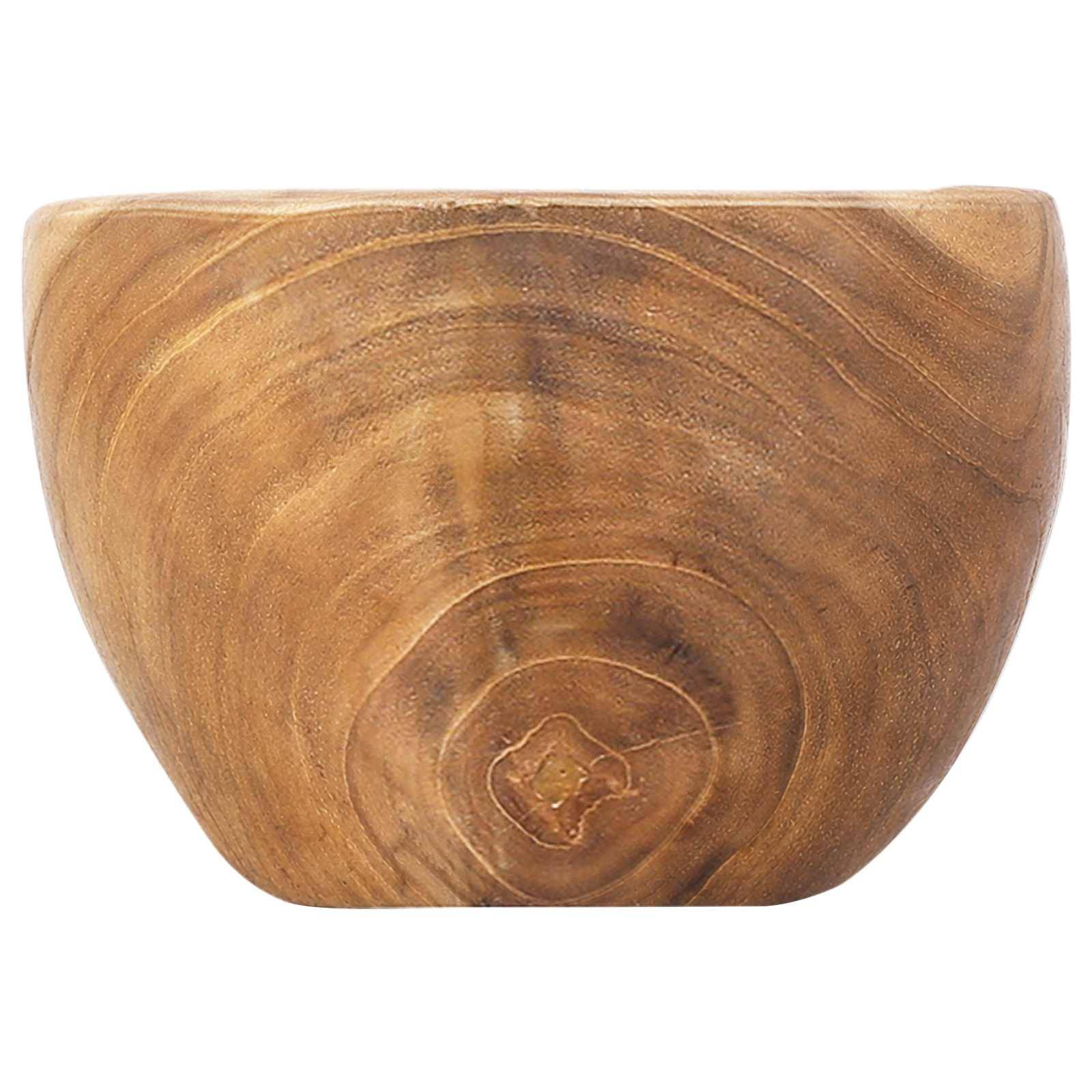 Holzschale mit glatter, gerundeter Trapezform und sichtbaren natürlichen Jahresringen, fotografiert auf weißem Hintergrund.