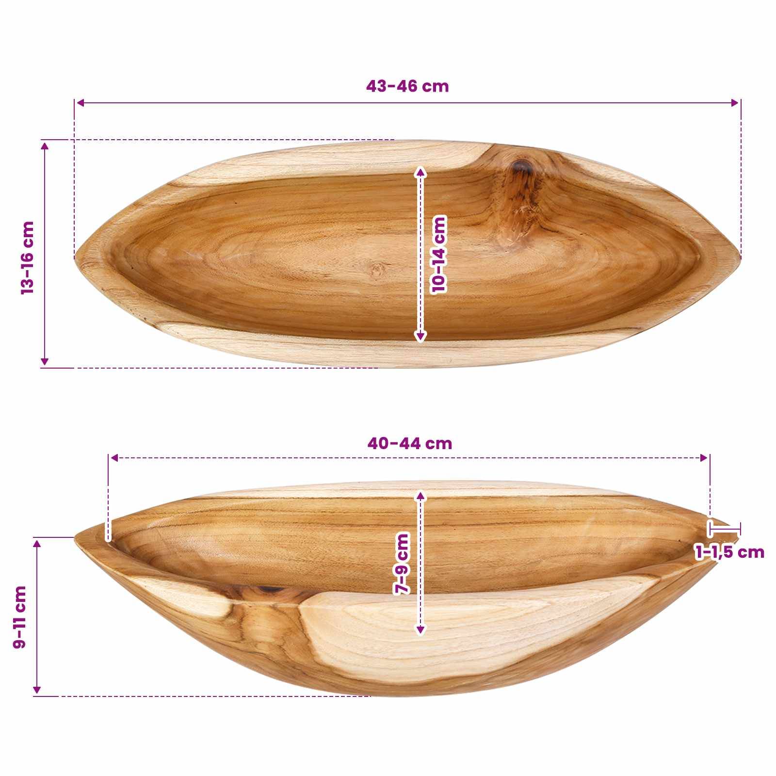 Diagramm einer hölzernen Dekorschale von oben und von der Seite dargestellt, mit beschrifteten Abmessungen: 43–46 cm Länge und 13–16 cm Breite/Höhe; Seitenansicht 40–44 cm Länge, 9–11 cm Höhe, 7–9 cm Tiefe, Rand 1–1,5 cm.