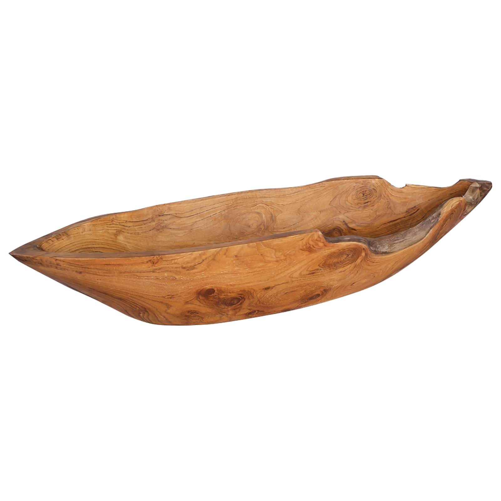 Holzschale oder -tablett in Kanuform mit spitzen Enden auf weißem Hintergrund.