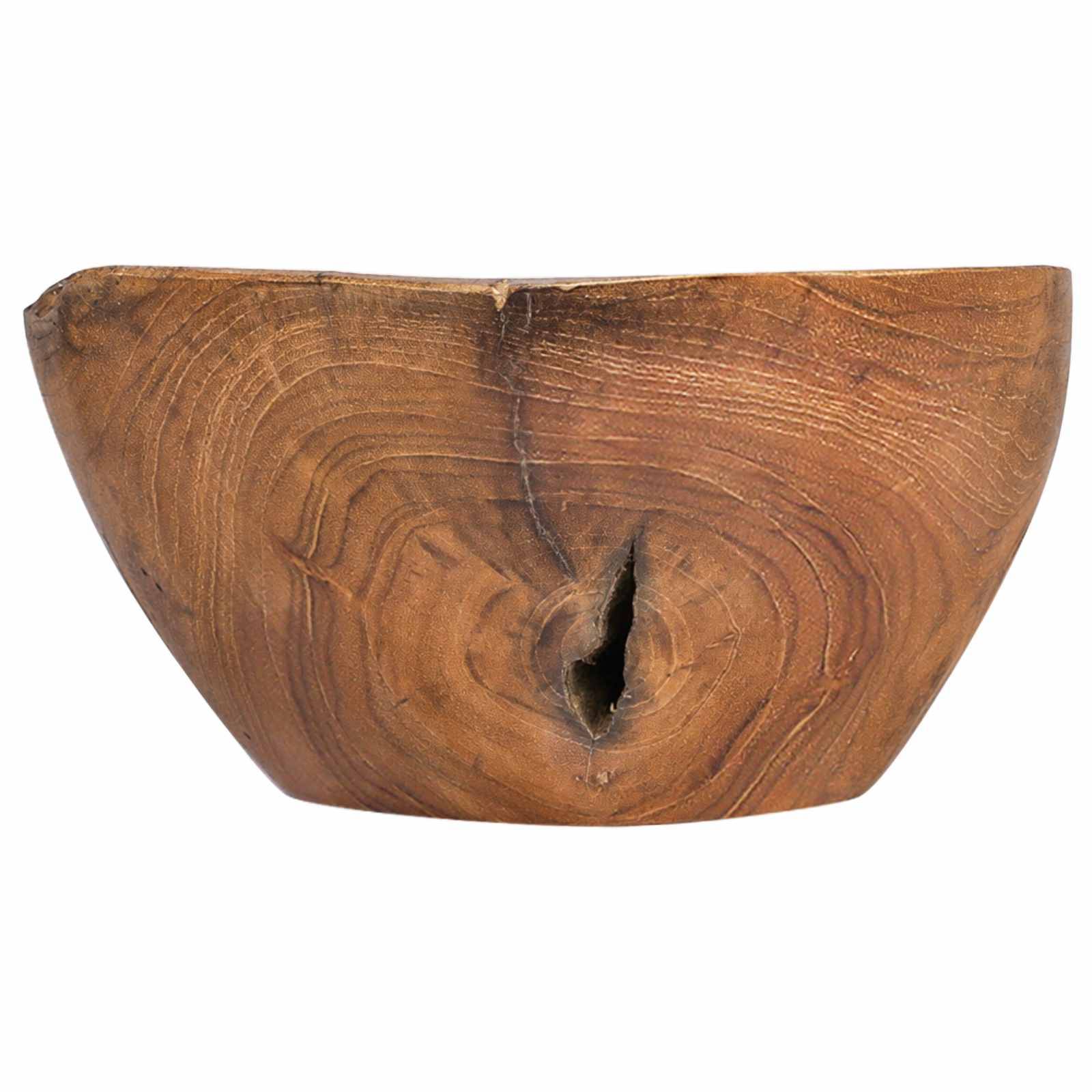 Braune Holzschale oder Gefäß mit einem natürlichen Riss in der Mitte, vor weißem Hintergrund gezeigt.