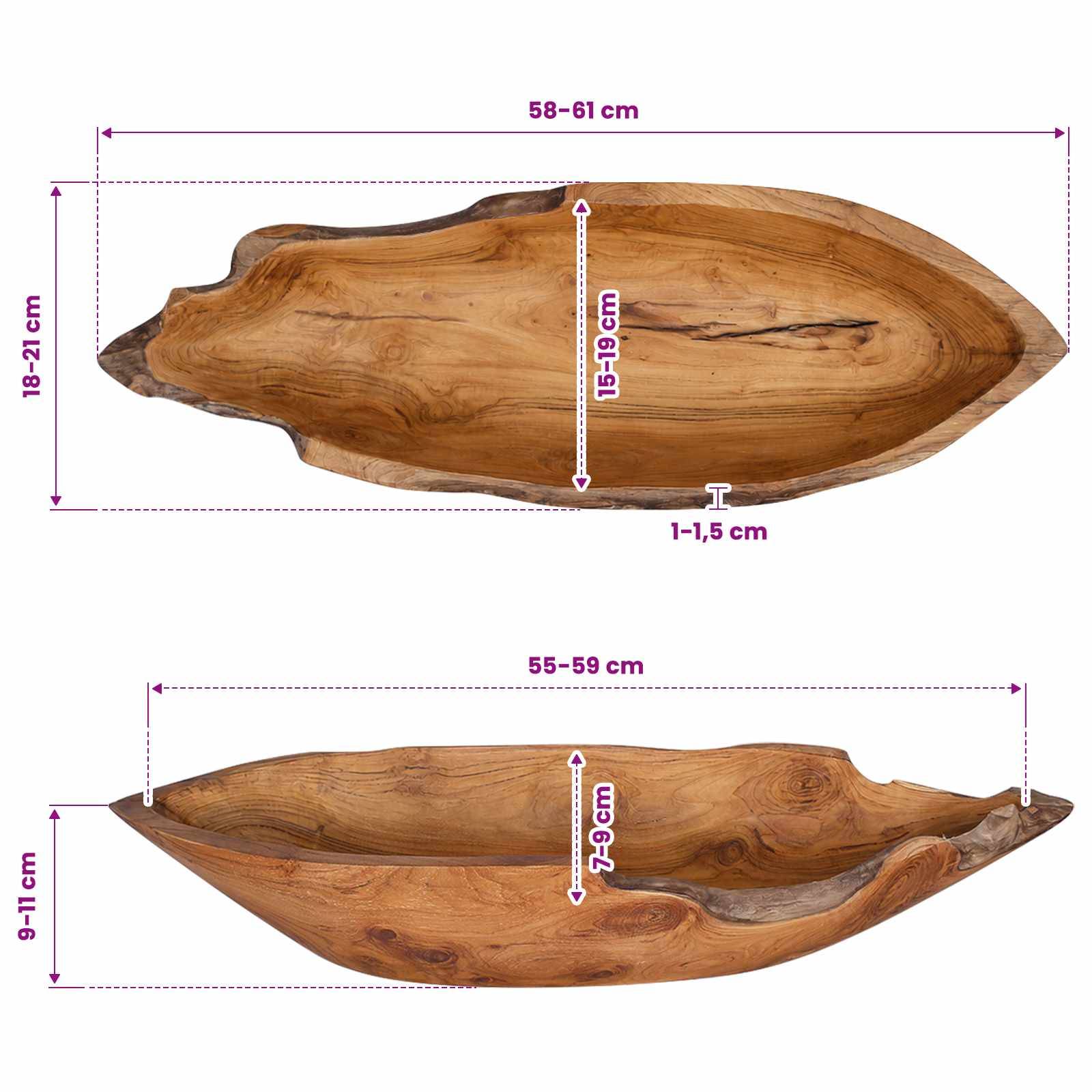 Zwei Seitenprofil-Produktfotos eines Holztabletts oder einer Holzschüssel mit Abmessungen: etwa 58-61 cm lang, 18-21 cm breit, 1-1,5 cm dick, und 55-59 cm lang, 9-11 cm breit, 7-9 cm tief.