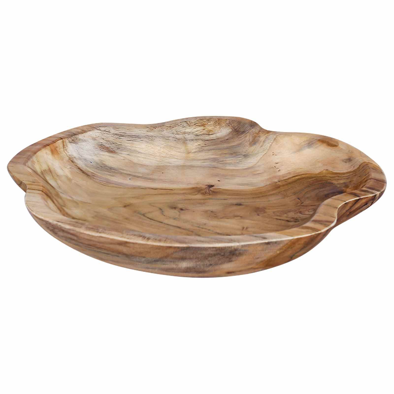 Holzgeschnitzte Schale mit unregelmäßiger, natürlicher Kante und flacher, organischer Form auf weißem Hintergrund.