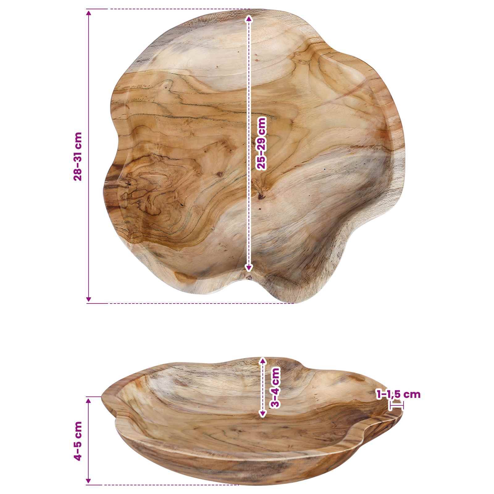 Holzschale mit dekorativen Elementen von oben und von der Seite dargestellt mit Größenangaben: etwa 28–31 cm breit, 25–29 cm lang, 4–5 cm hoch und 1–1,5 cm dick.