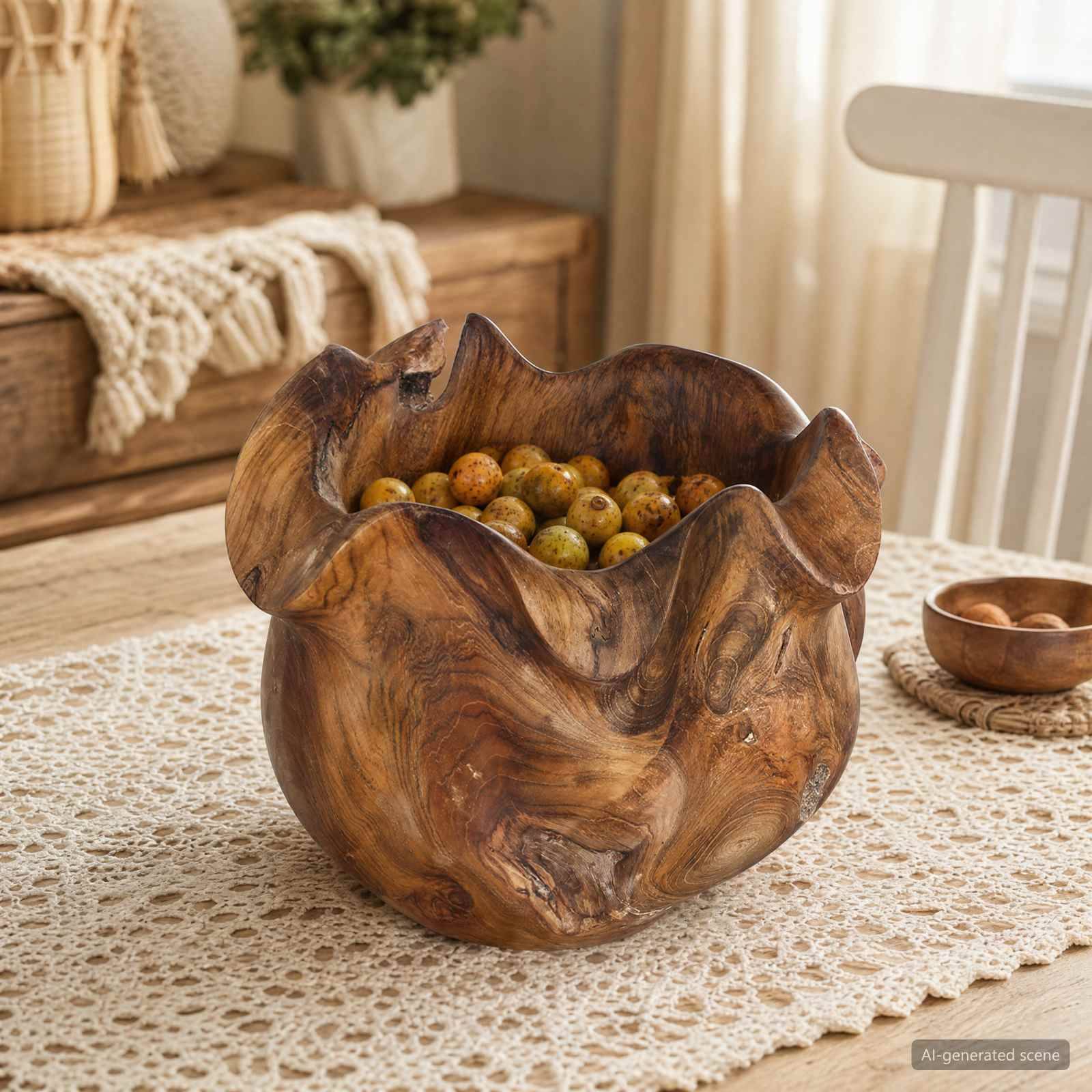 Holzschale mit Dekoration gefüllt mit kleinen gelbgrünen Früchten auf einem mit Spitze bedeckten Tisch in einem gemütlichen Wohnzimmer.