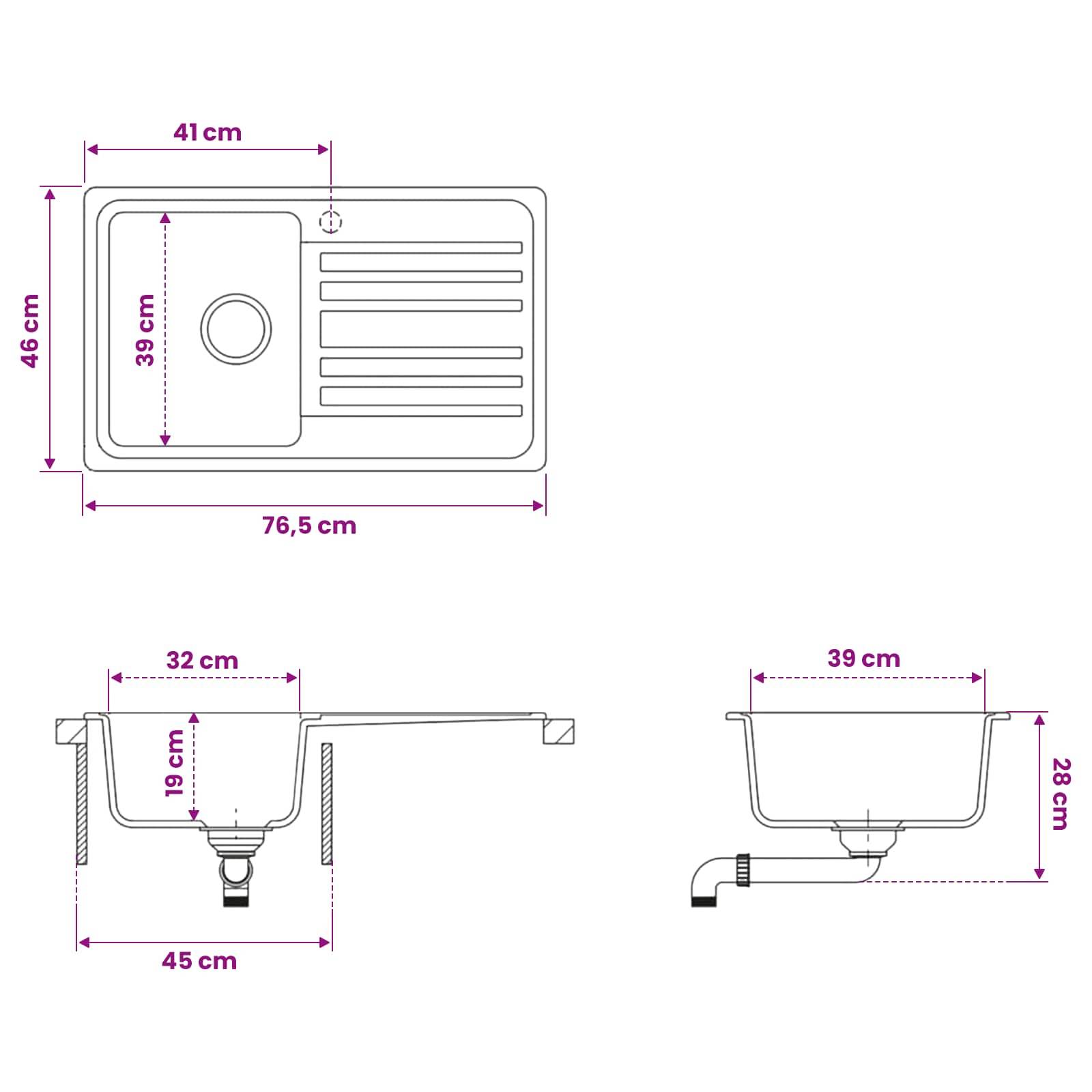 Technische Zeichnung eines Küchenbeckens mit Abmessungen: Draufsicht 76,5 cm mal 46 cm, Becken 41 cm mal 39 cm, Seiten- und Vorderansicht zeigen 45 cm Breite, 19 cm Tiefe und 28 cm Höhe.