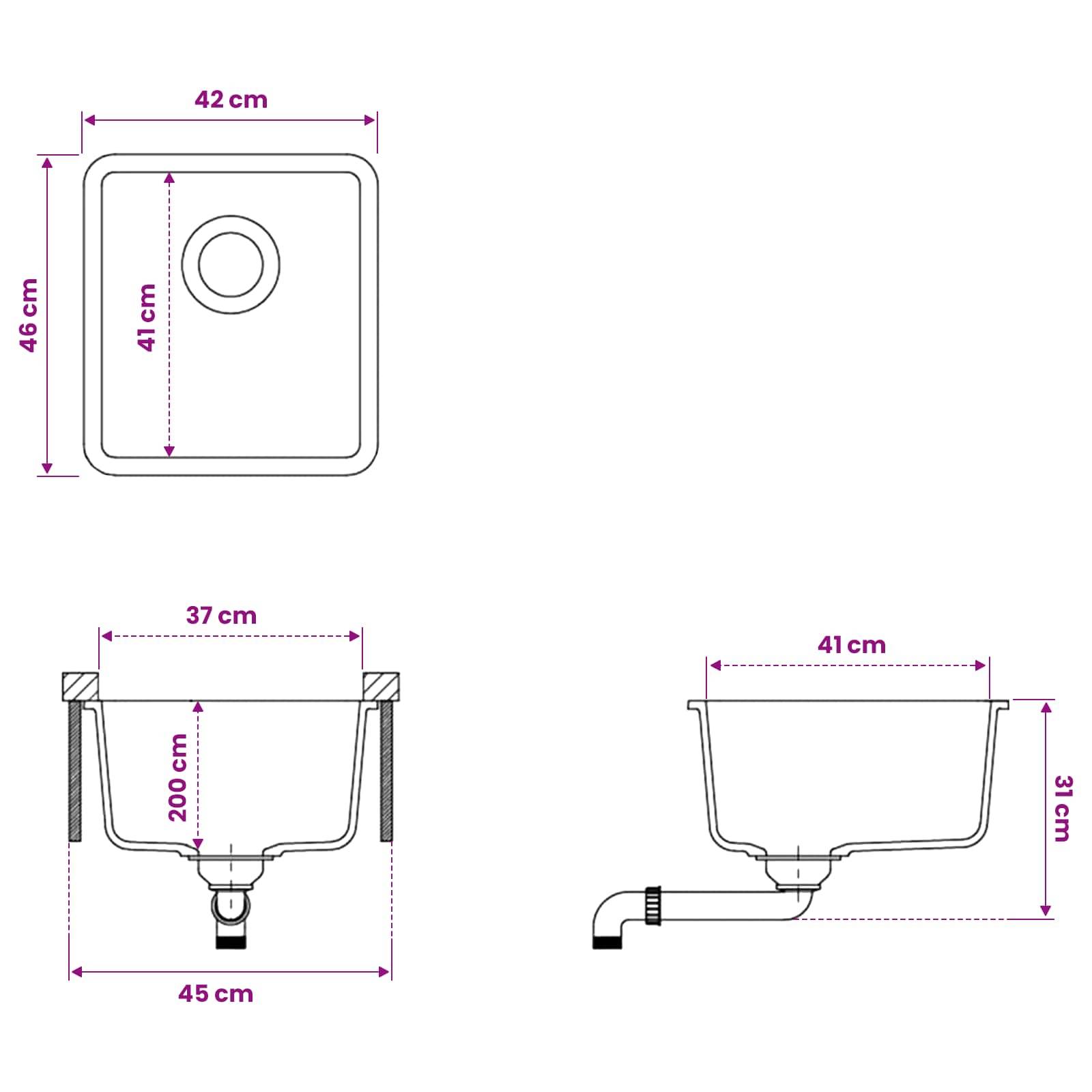 Technische Zeichnung eines rechteckigen Spülbeckens mit Abfluss, zeigt Draufsicht und Seitenansicht sowie Maße: 42 cm breit, 46 cm lang, 37 cm Innenbreite, 45 cm Basisbreite, 41 cm Tiefe, 31 cm Höhe, 200 cm?