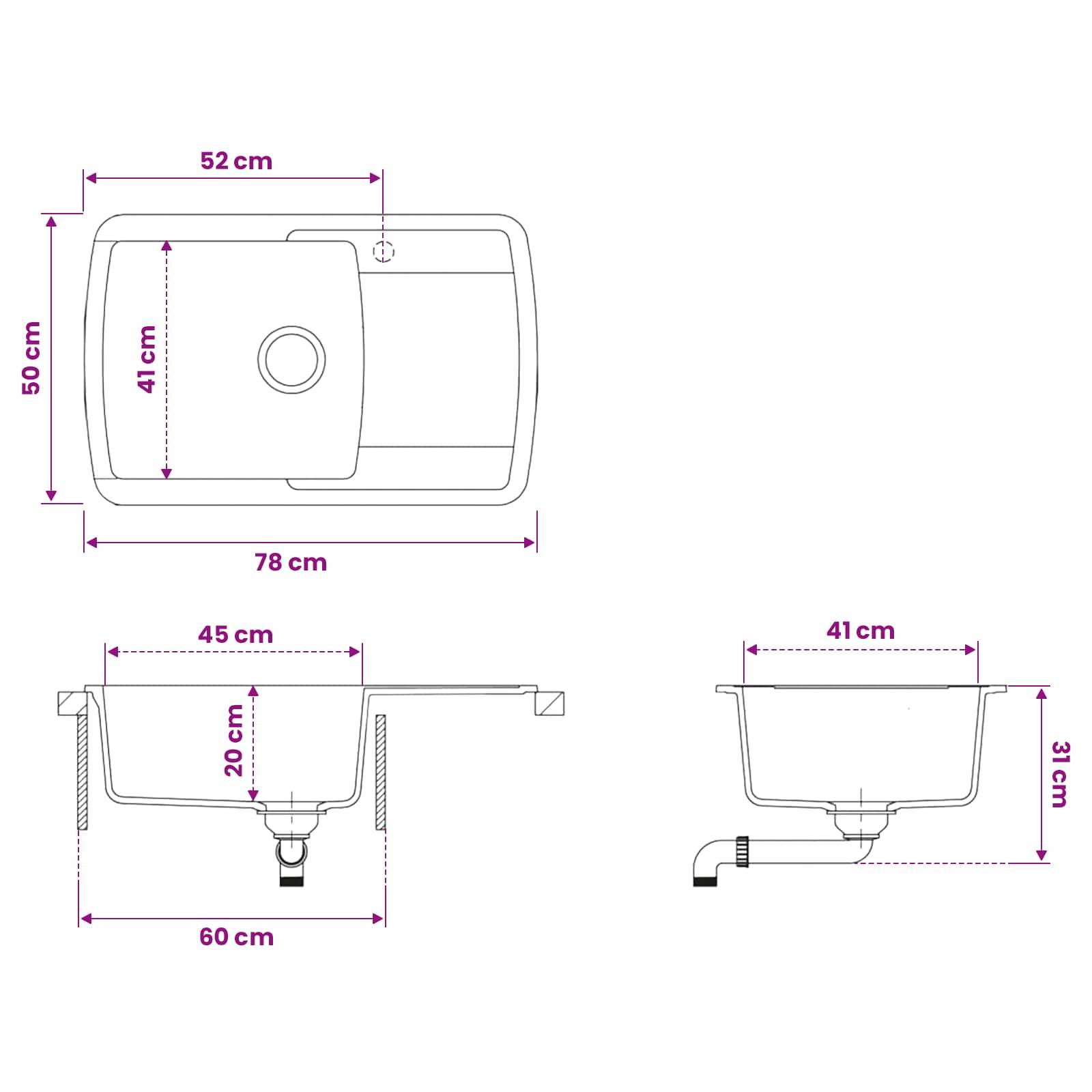 Technische Zeichnung eines Küchenspielbeckens mit Draufsicht, Vorderansicht und Seitenansicht mit Abmessungen in cm, einschließlich Gesamtgröße von 78 x 50 cm und Beckentiefe.