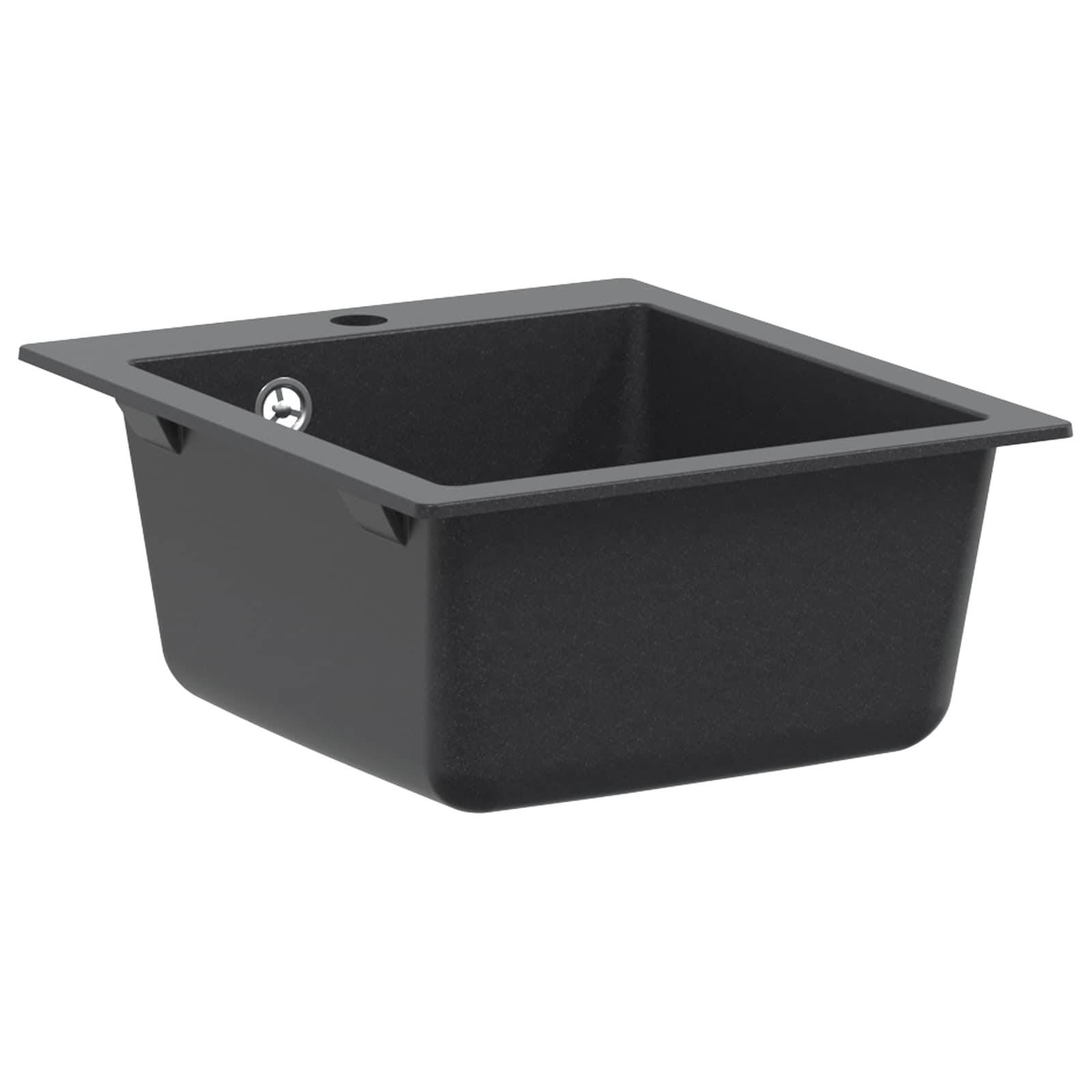 Schwarzes rechteckiges Einbauspülbecken für die Küche mit einem Becken und Wasserhahnanschluss, gezeigt auf weißem Hintergrund.