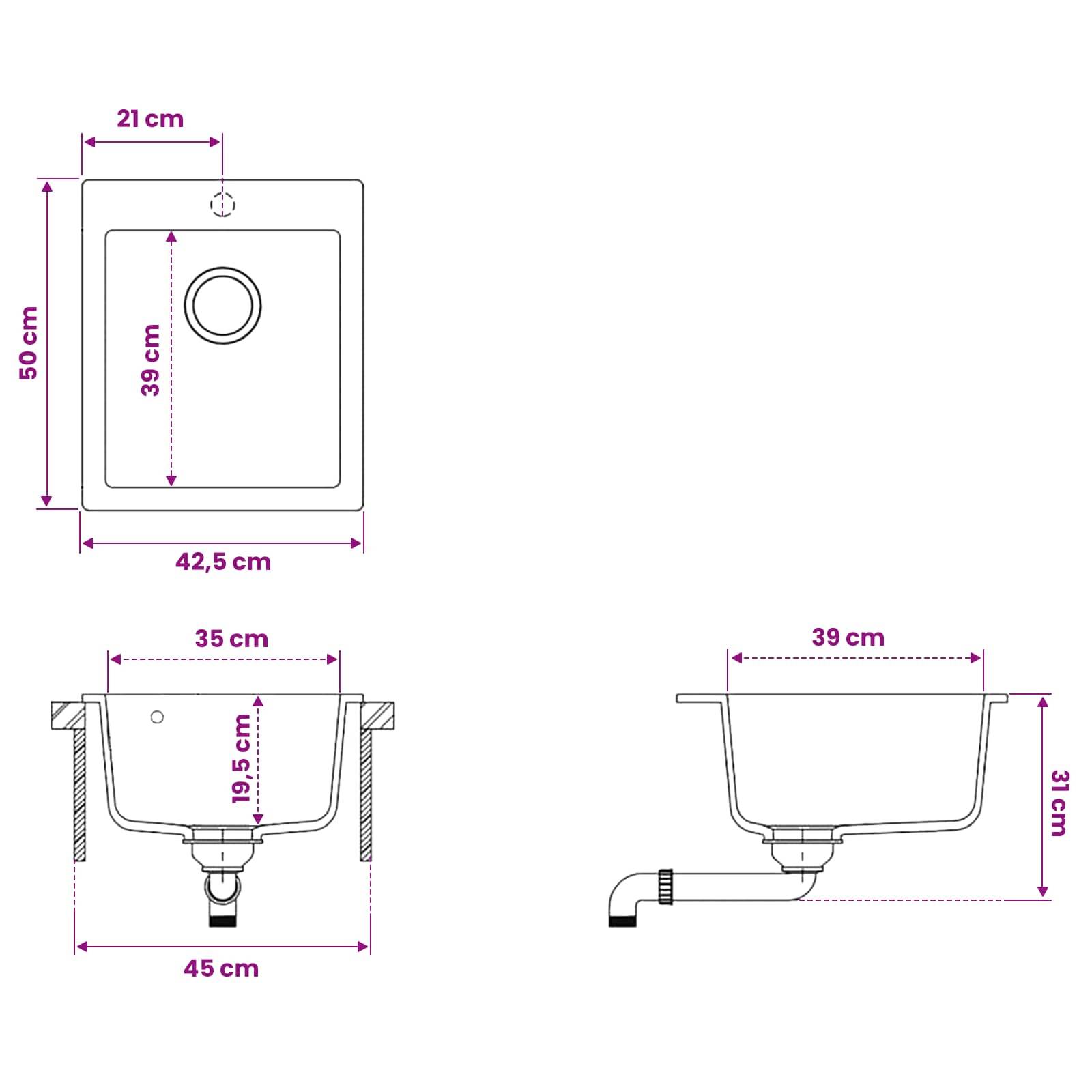 Technische Zeichnung eines rechteckigen Spülbeckens mit Ablauf und Wasserhahnanschluss, dargestellt in Draufsicht und Seitenansicht mit Abmessungen: 42,5 cm Breite, 50 cm Höhe, 45 cm Basis und 31 cm Tiefe.