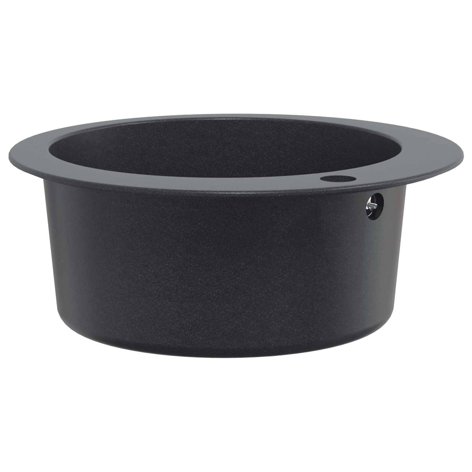 Schwarzes rundes, bündiges Lautsprecher- oder Leuchtengehäuse mit breitem Flansch, auf weißem Hintergrund dargestellt.
