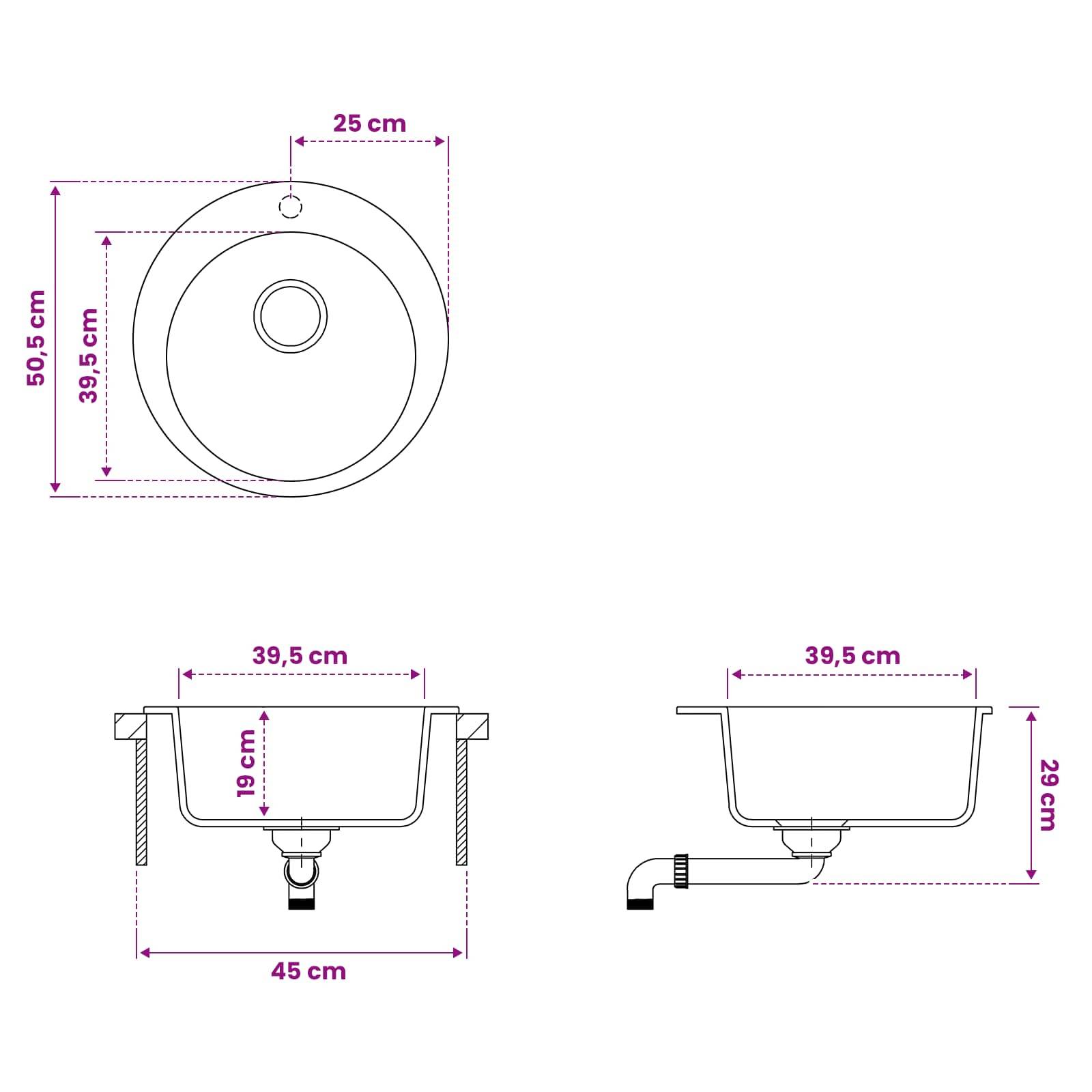 Technische Zeichnung eines runden Waschbeckens mit Draufsicht, Vorderansicht und Seitenansicht; angegebene Abmessungen: 50,5 cm Durchmesser, 25 cm Montageloch, 39,5 cm Beckenmündungsbreite, 45 cm Gesamtbreite, 19 cm Tiefe, 29 cm Höhe.