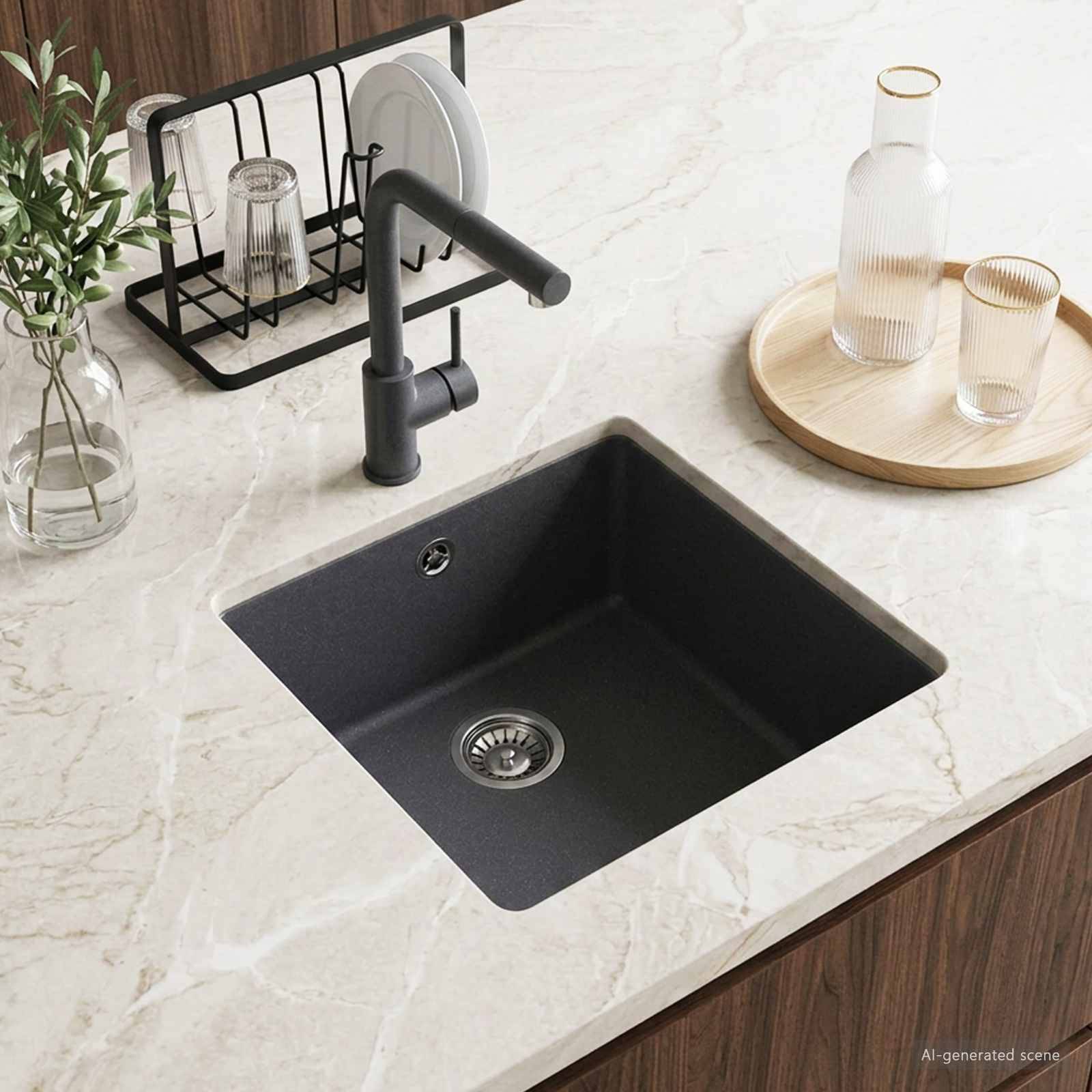 Moderne Arbeitsplatte in der Küche mit matter schwarzer Unterbau-Spüle und Armatur, gestylt mit Abtropfgestell, Glaswaren und Wasserkanne auf marmorähnlicher Oberfläche.