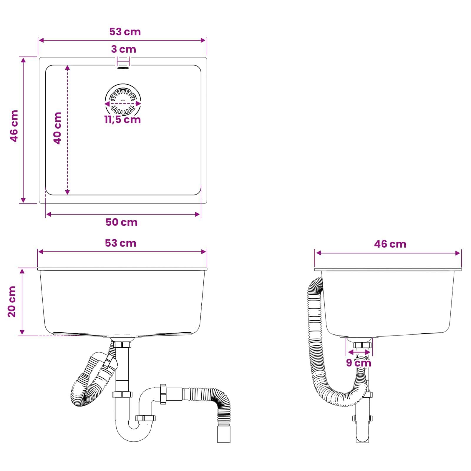 Maßstabgerechte technische Zeichnung eines Waschbeckens/einer Spüle mit Draufsicht und Seitenansicht, die eine Breite von 53 cm, eine Höhe von 46 cm, eine Grundfläche von 50 cm und Rohrleitungs-Ablaufverbindungen zeigt.
