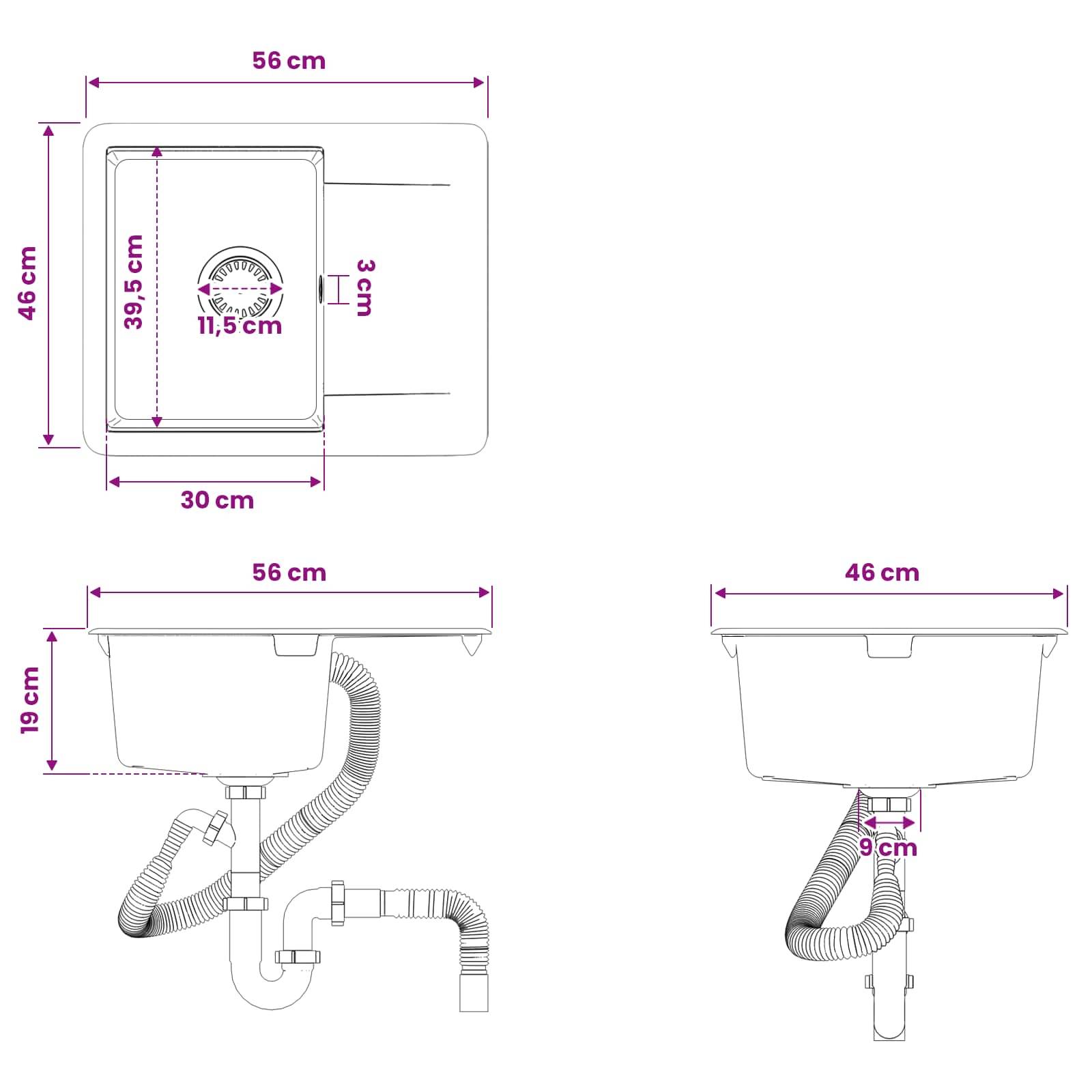 Technische Zeichnung eines Waschbeckens mit Drauf- und Seitenansicht mit Abmessungen: 56 cm mal 46 cm Gesamtgröße, 30 cm Beckenbreite, 39,5 cm Tiefe, 11,5 cm Ablauf, 3 cm Versatz und 19 cm Höhe.