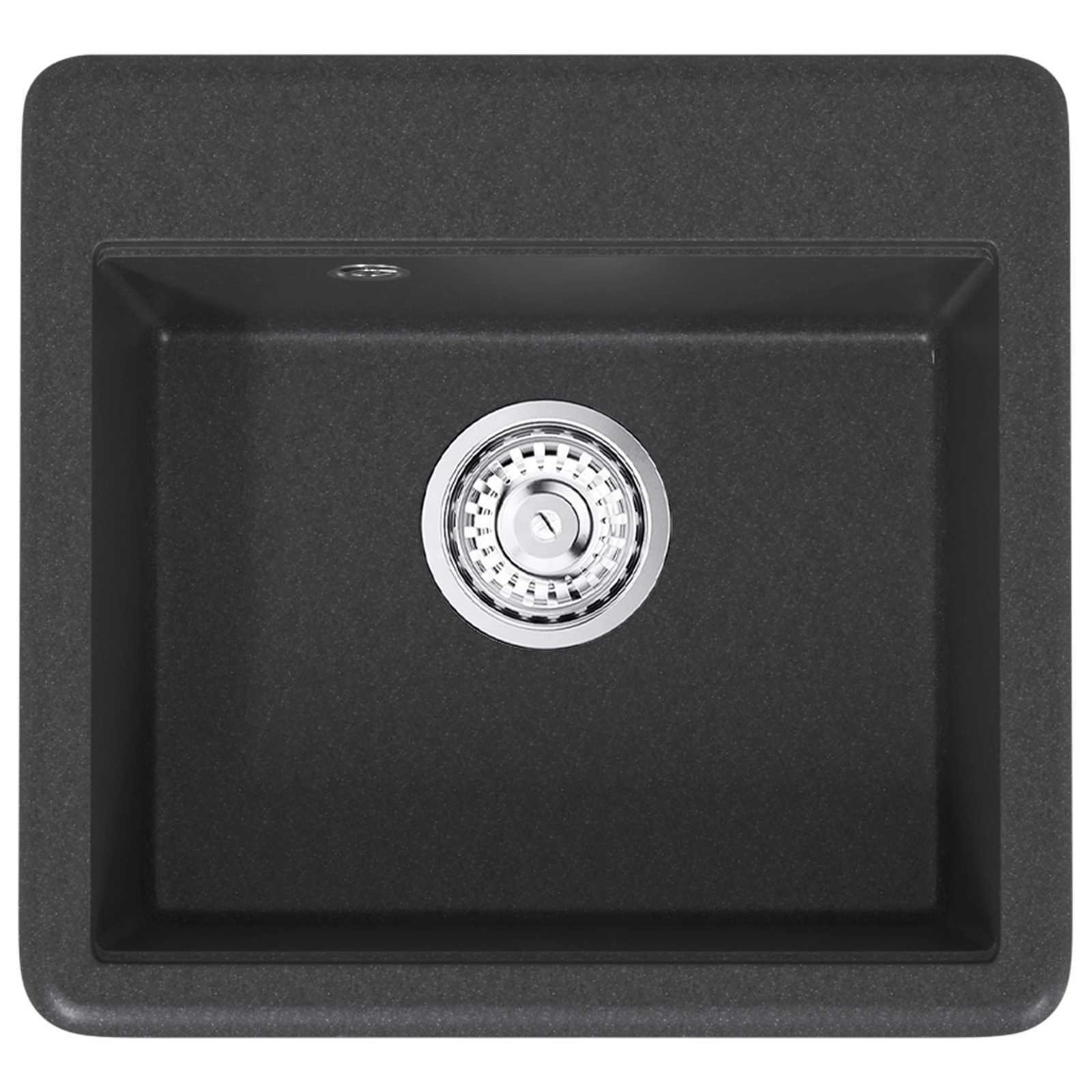 Draufsicht auf ein schwarzes rechteckiges Küchenbecken mit zentralem Abfluss und einfach geschnittenem Design.