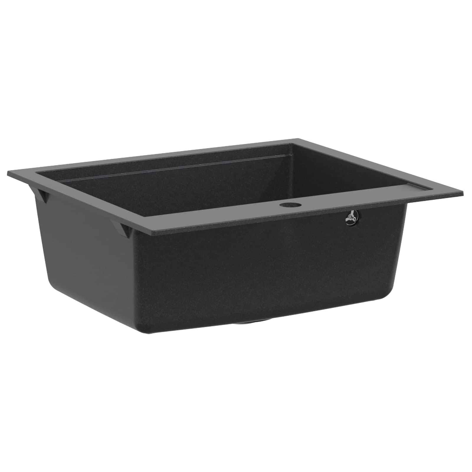 Schwarzes rechteckiges Einbau-Spülbecken mit breitem Rand und einzelnem Wasserhahnanschluss, dargestellt auf weißem Hintergrund.