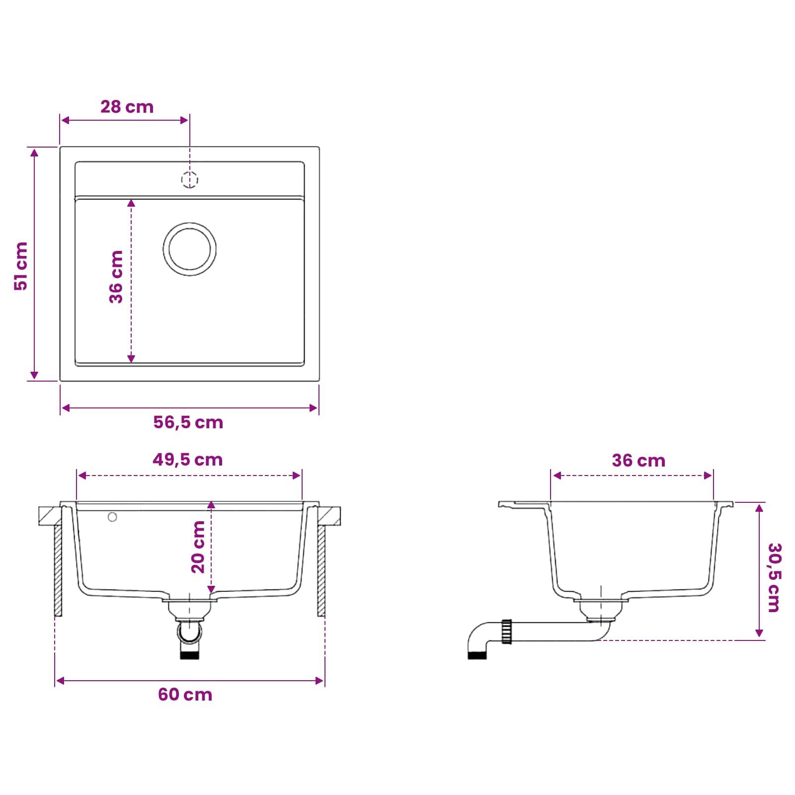 Technische Zeichnung eines Küchenspülbeckens mit Draufsicht, Vorderansicht und Seitenansicht, beschriftete Abmessungen in Zentimetern: 56,5 cm Breite, 51 cm Höhe, 28 cm Tiefe, 60 cm Gesamtbreite.