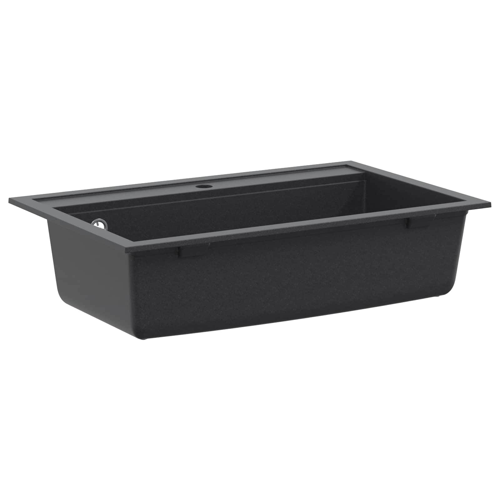 Schwarzes rechteckiges Utility-Waschbecken oder Becken mit breitem Rand, dargestellt auf einfachem weißem Hintergrund.