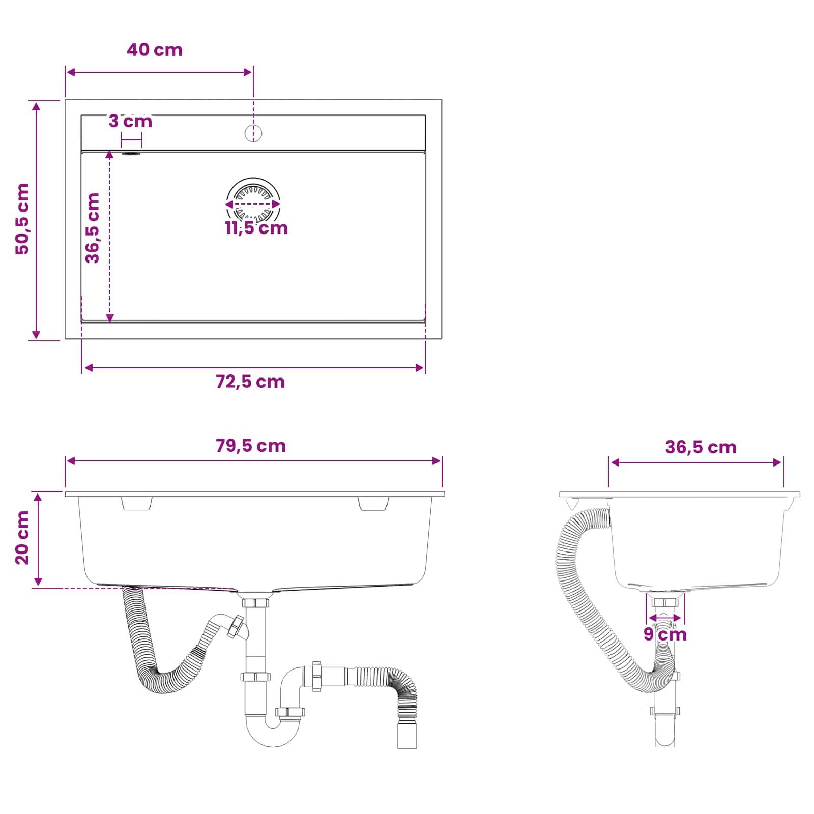 Technisches Diagramm einer Spüle oder eines Beckens mit Abmessungen in cm: Draufsicht, Frontansicht und Seitenansicht, einschließlich Dimensionen wie 72,5 cm, 79,5 cm, 50,5 cm und 36,5 cm.